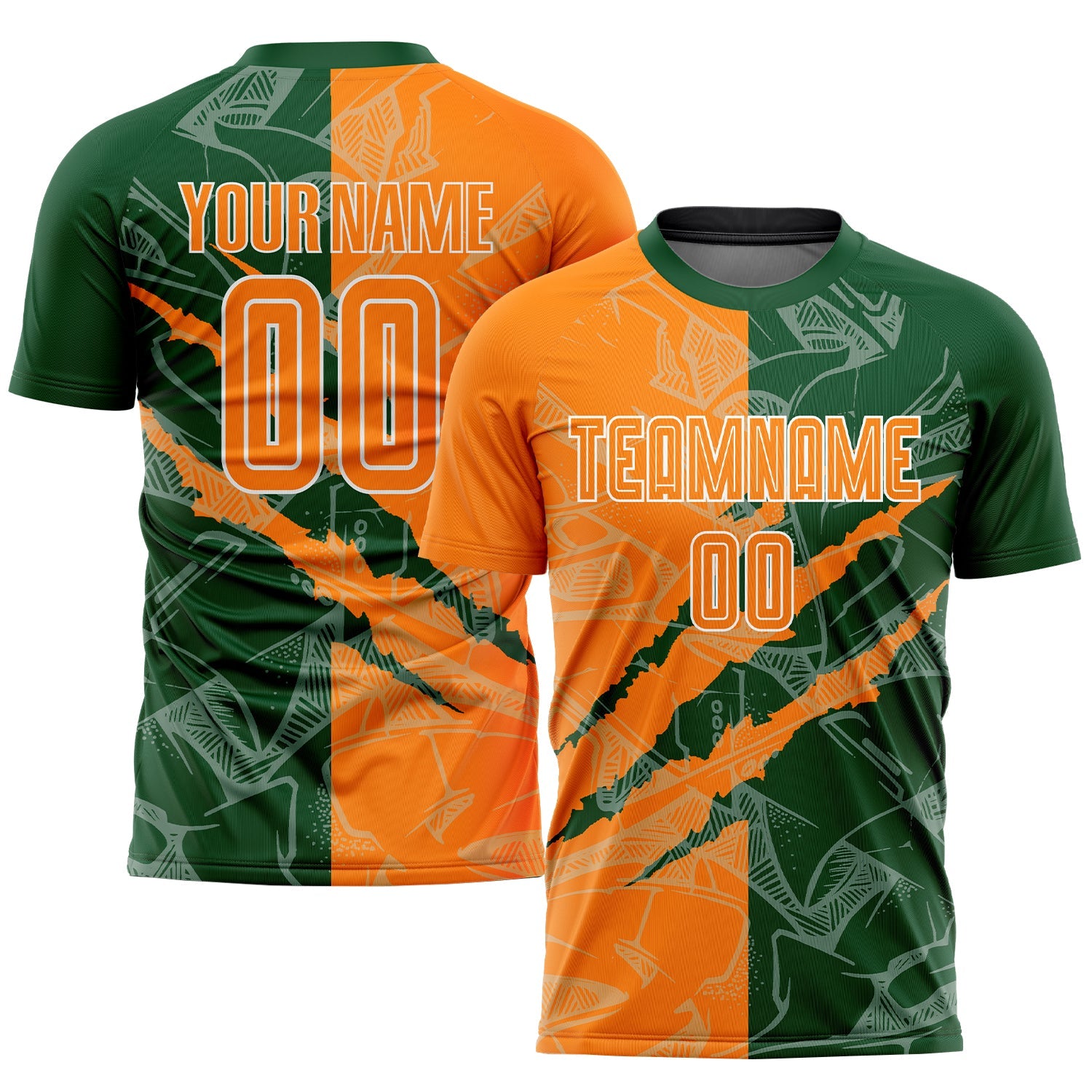 Custom Graffiti Pattern Bay Orange-Green Scratch Sublimation Soccer Uniform Jersey - Main View