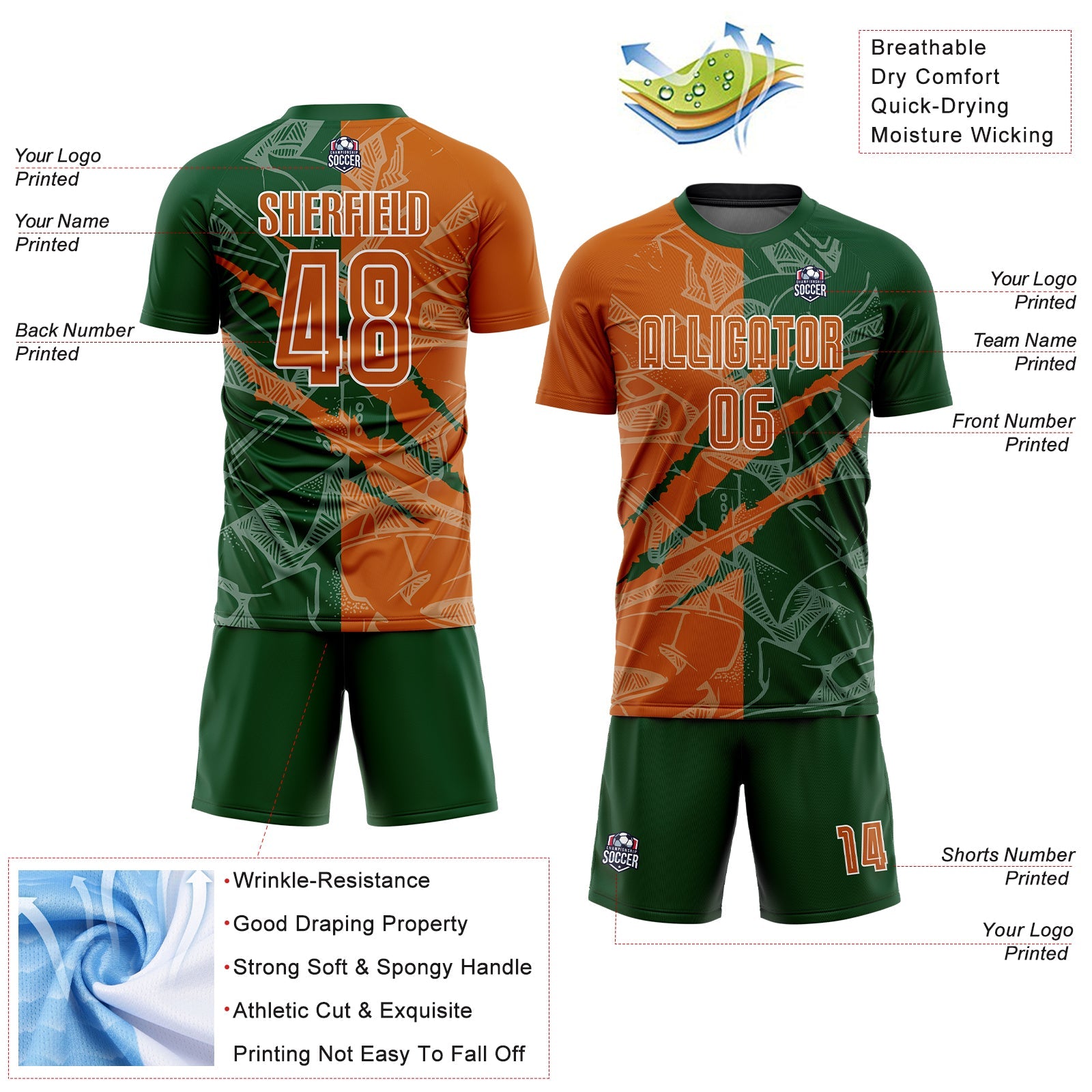 Custom Graffiti Pattern Texas Orange-Green Scratch Sublimation Soccer Uniform Jersey view 4