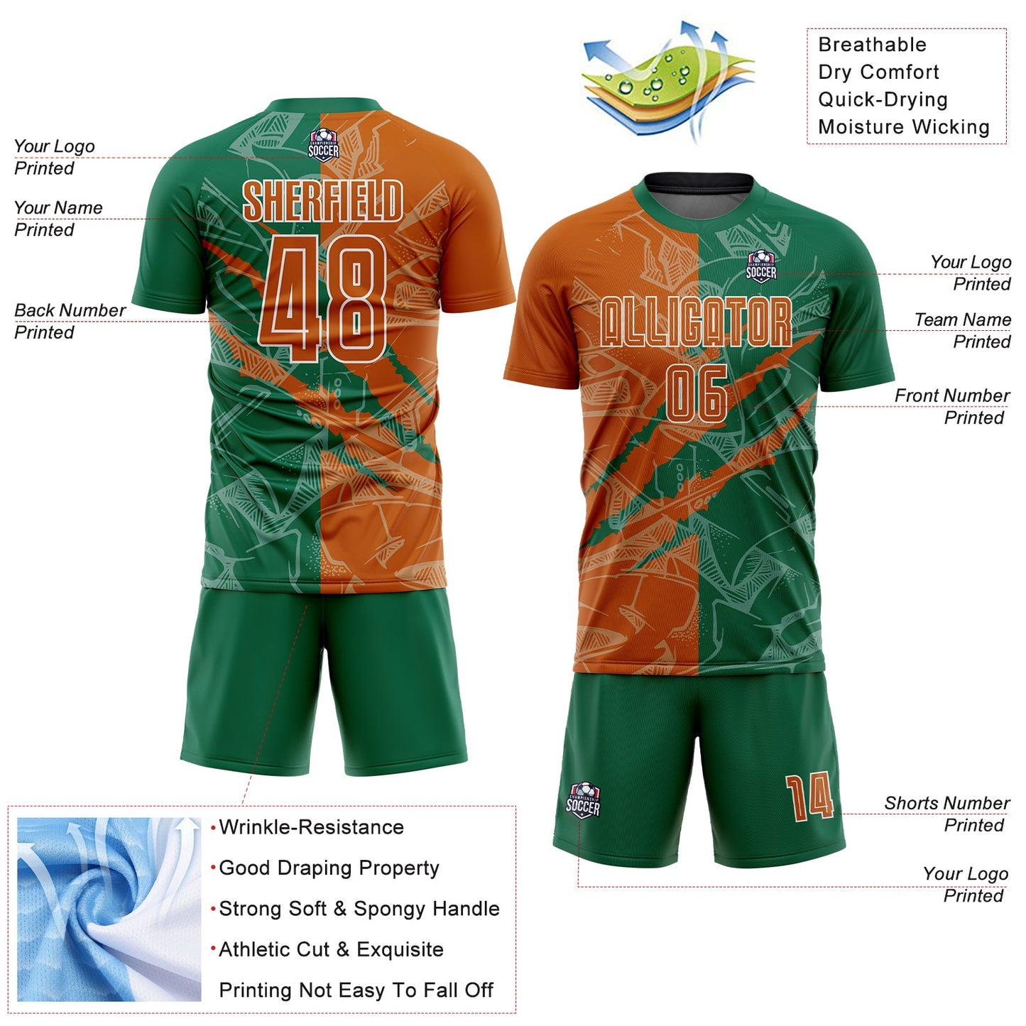 Custom Graffiti Pattern Texas Orange-Kelly Green Scratch Sublimation Soccer Uniform Jersey view 4