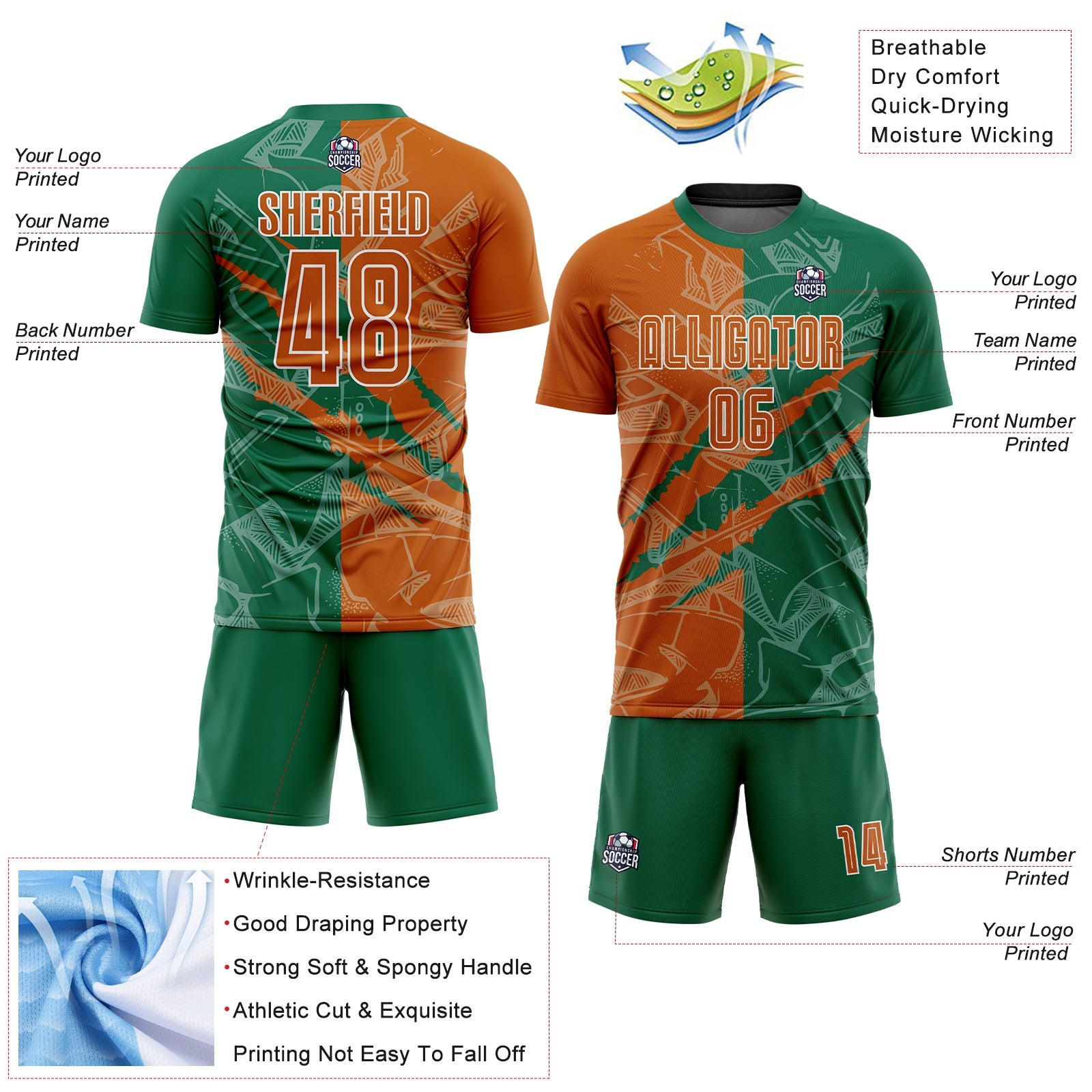 Custom Graffiti Pattern Texas Orange-Kelly Green Scratch Sublimation Soccer Uniform Jersey view 4