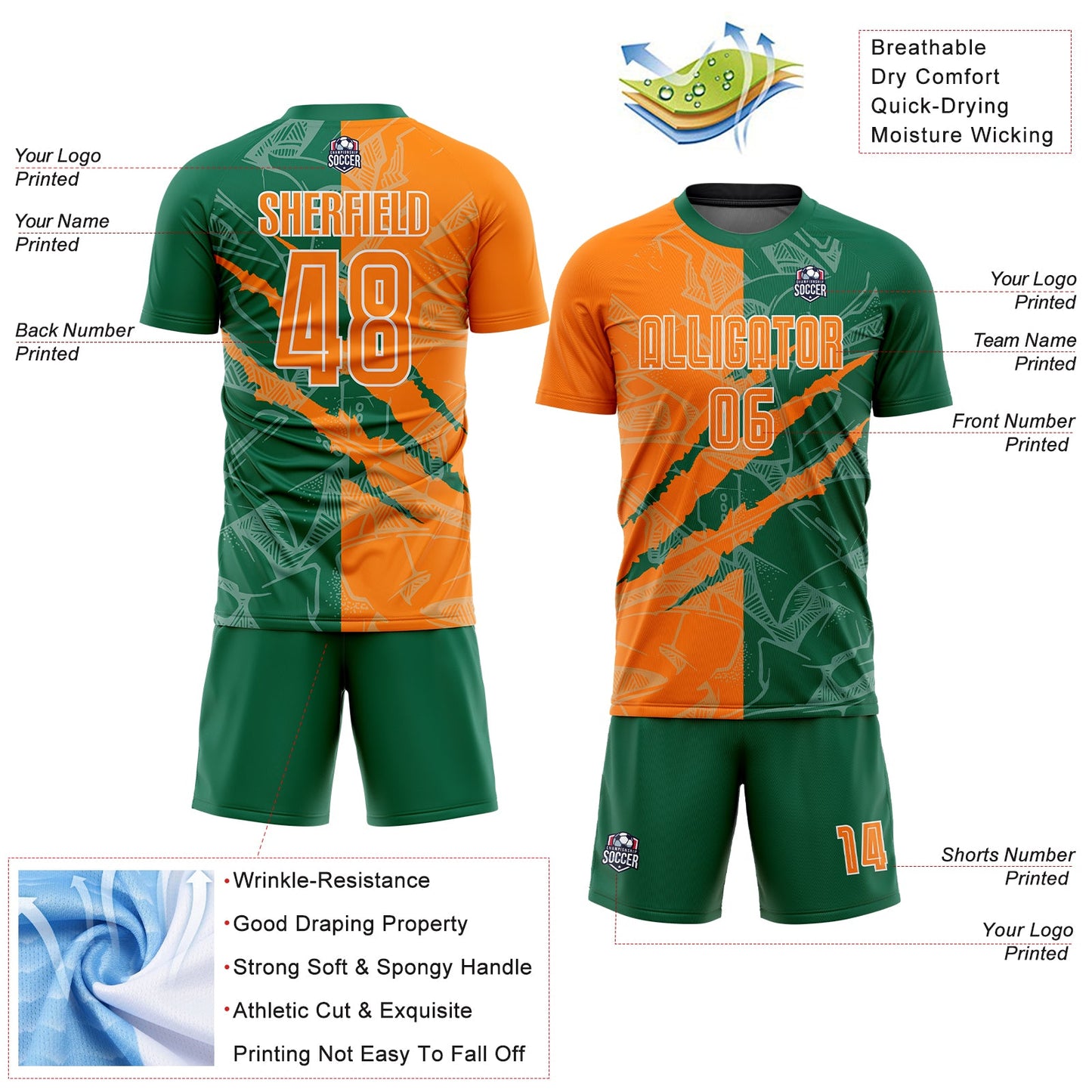 Custom Graffiti Pattern Bay Orange-Kelly Green Scratch Sublimation Soccer Uniform Jersey view 4