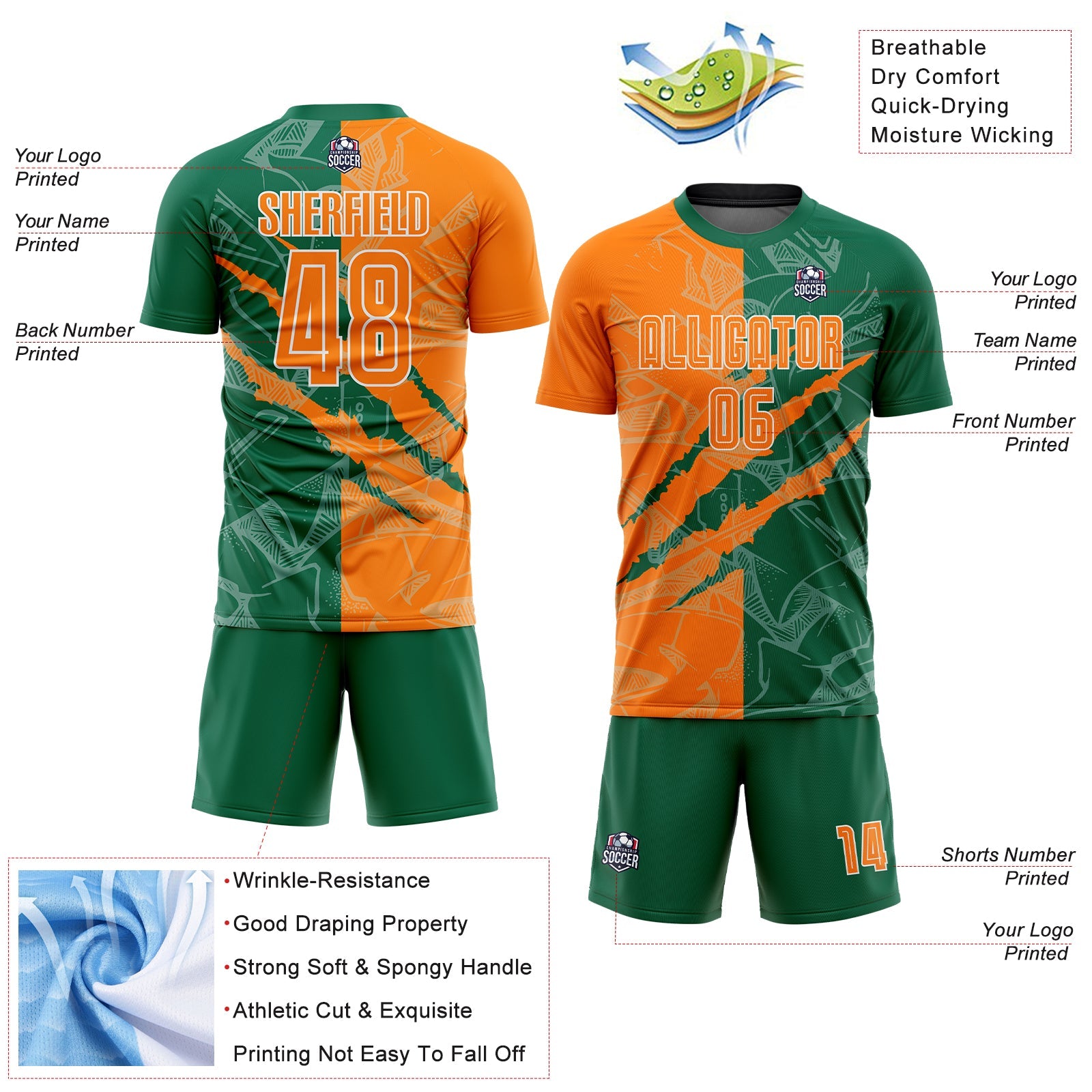 Custom Graffiti Pattern Bay Orange-Kelly Green Scratch Sublimation Soccer Uniform Jersey view 4