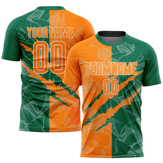 Custom Graffiti Pattern Bay Orange-Kelly Green Scratch Sublimation Soccer Uniform Jersey - Main View
