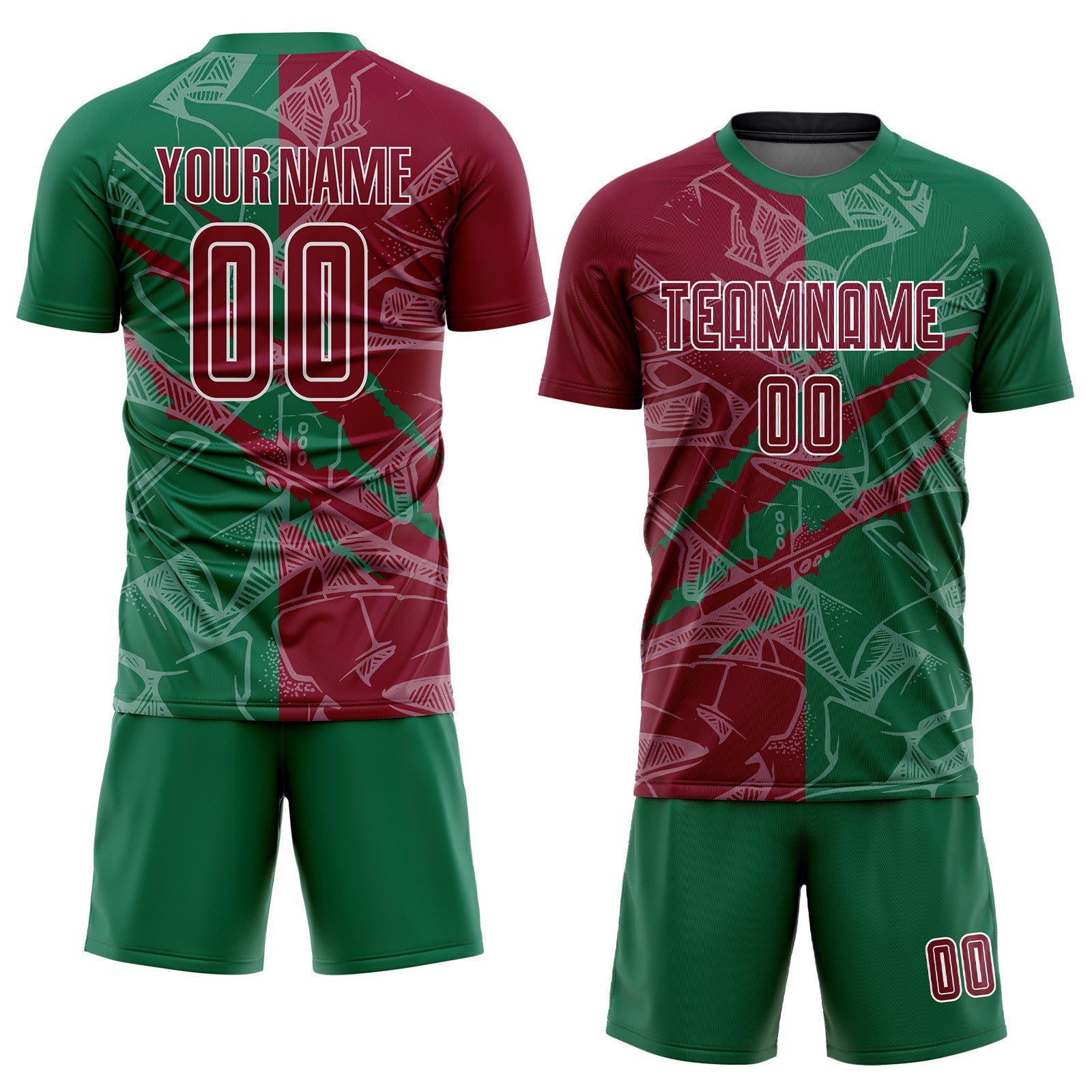 Custom Graffiti Pattern Maroon-Kelly Green Scratch Sublimation Soccer Uniform Jersey view 2