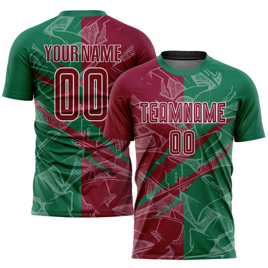 Custom Graffiti Pattern Maroon-Kelly Green Scratch Sublimation Soccer Uniform Jersey - Main View