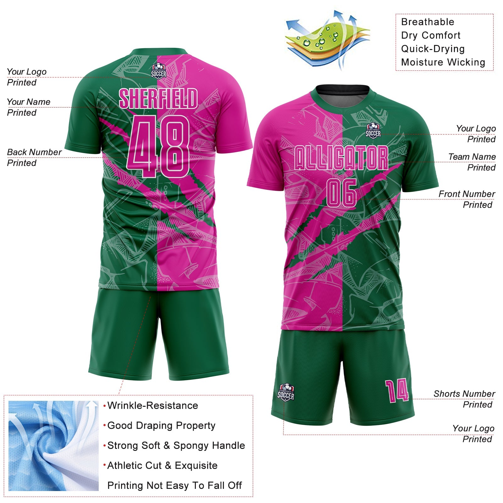 Custom Graffiti Pattern Deep Pink-Kelly Green Scratch Sublimation Soccer Uniform Jersey view 4
