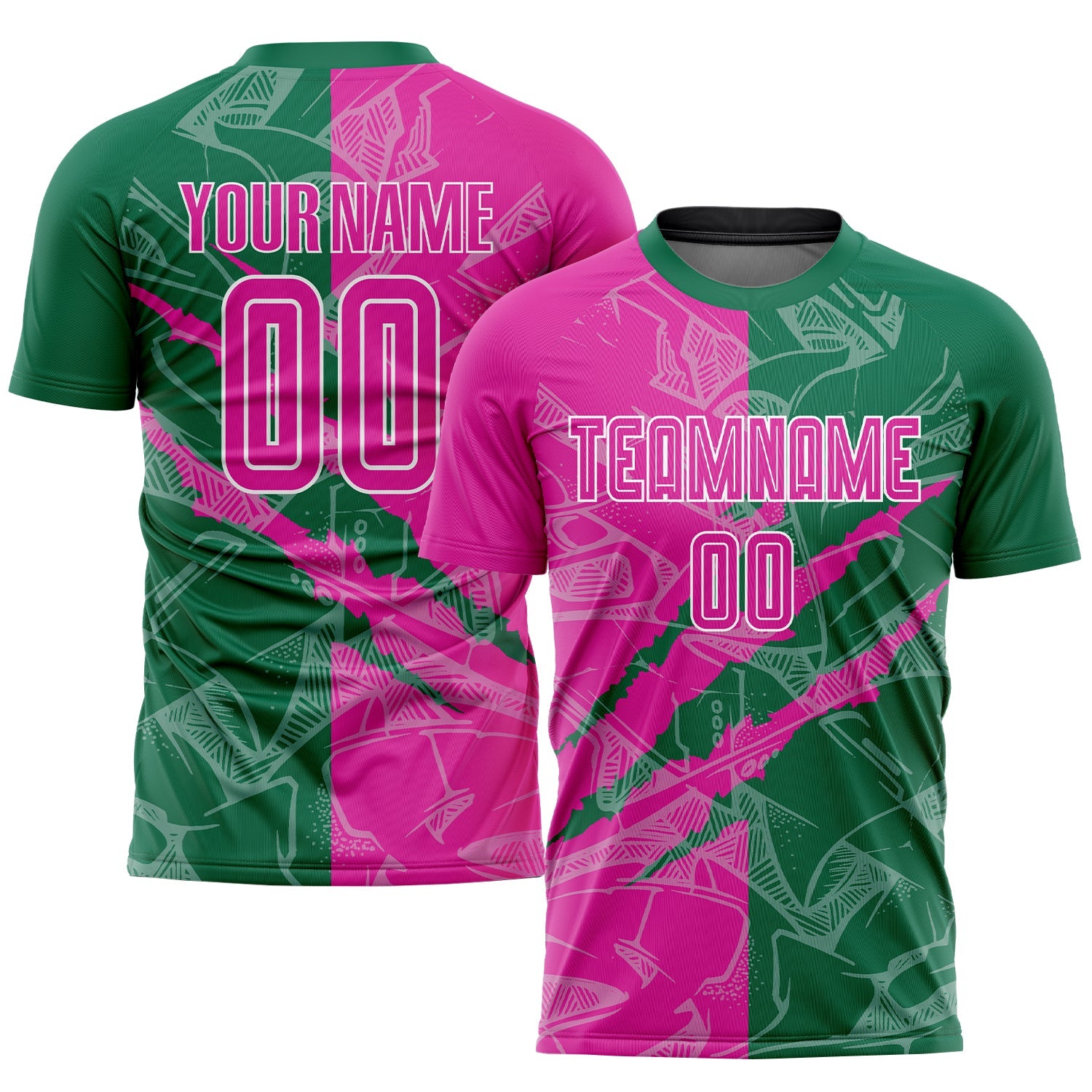 Custom Graffiti Pattern Deep Pink-Kelly Green Scratch Sublimation Soccer Uniform Jersey - Main View