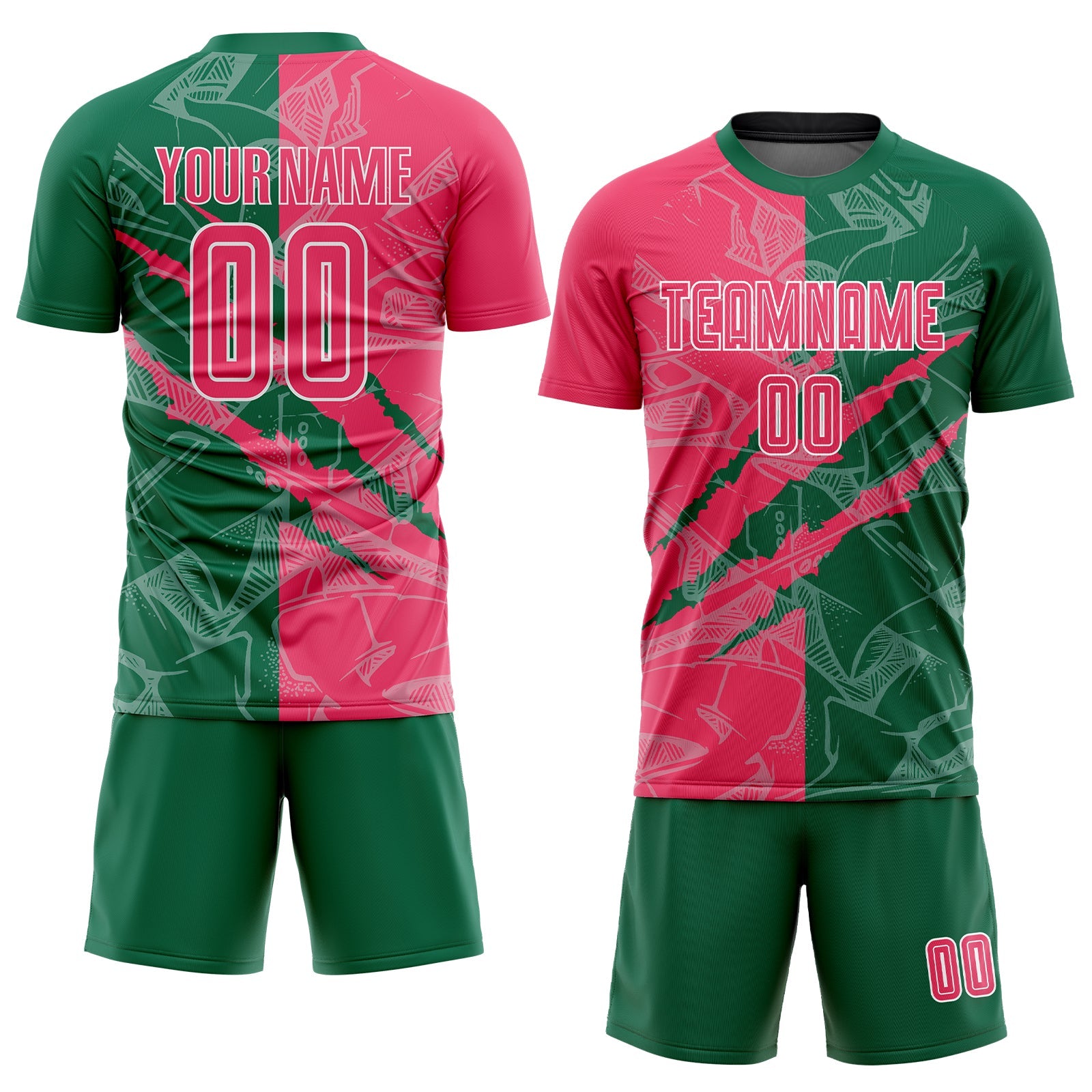 Custom Graffiti Pattern Neon Pink-Kelly Green Scratch Sublimation Soccer Uniform Jersey view 2