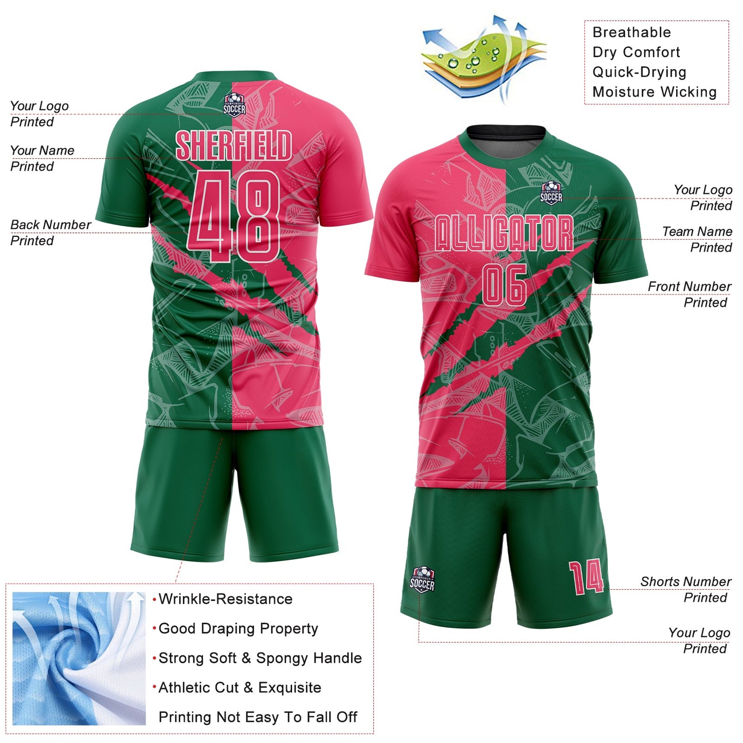 Custom Graffiti Pattern Neon Pink-Kelly Green Scratch Sublimation Soccer Uniform Jersey view 4