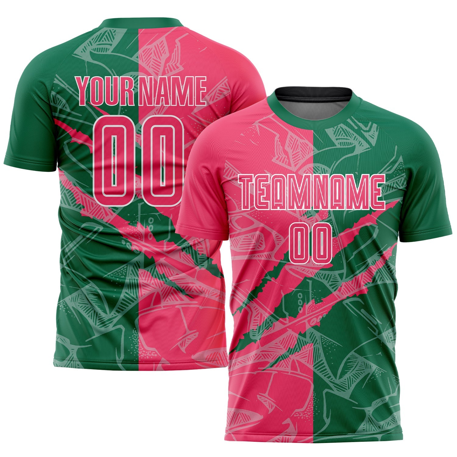 Custom Graffiti Pattern Neon Pink-Kelly Green Scratch Sublimation Soccer Uniform Jersey - Main View