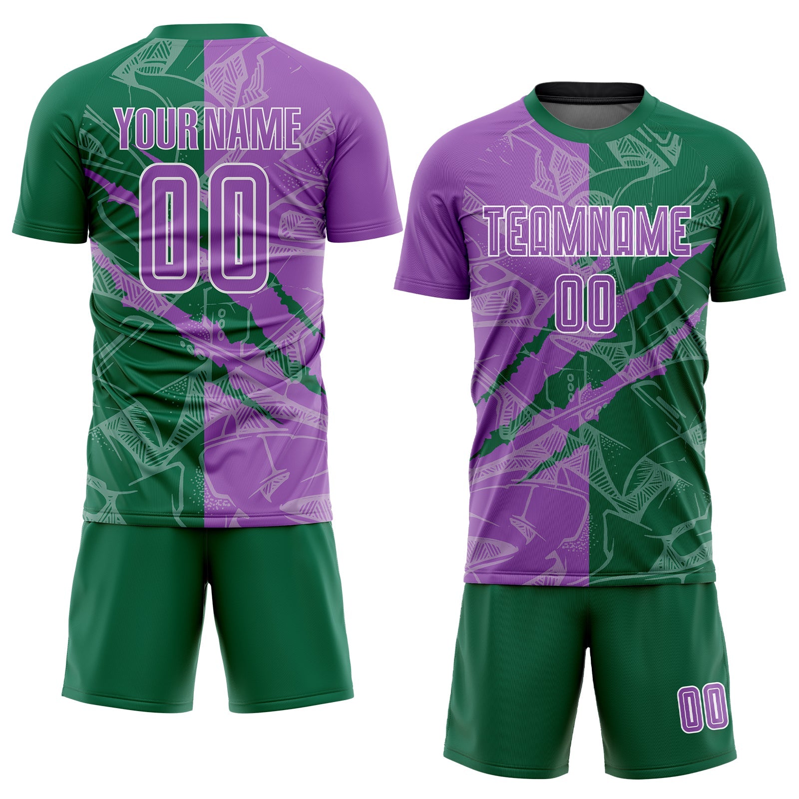 Custom Graffiti Pattern Medium Purple-Kelly Green Scratch Sublimation Soccer Uniform Jersey view 2