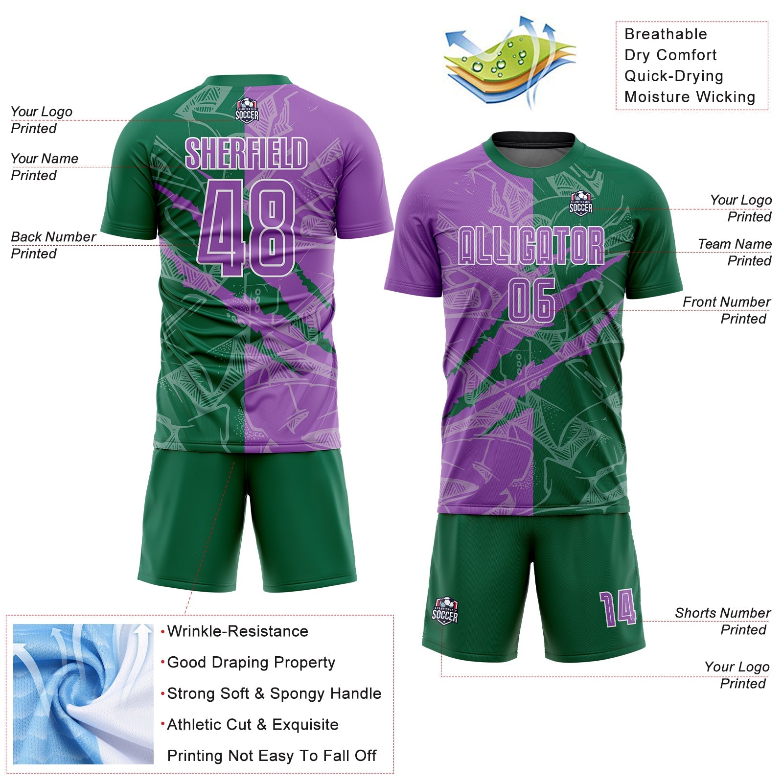 Custom Graffiti Pattern Medium Purple-Kelly Green Scratch Sublimation Soccer Uniform Jersey view 4