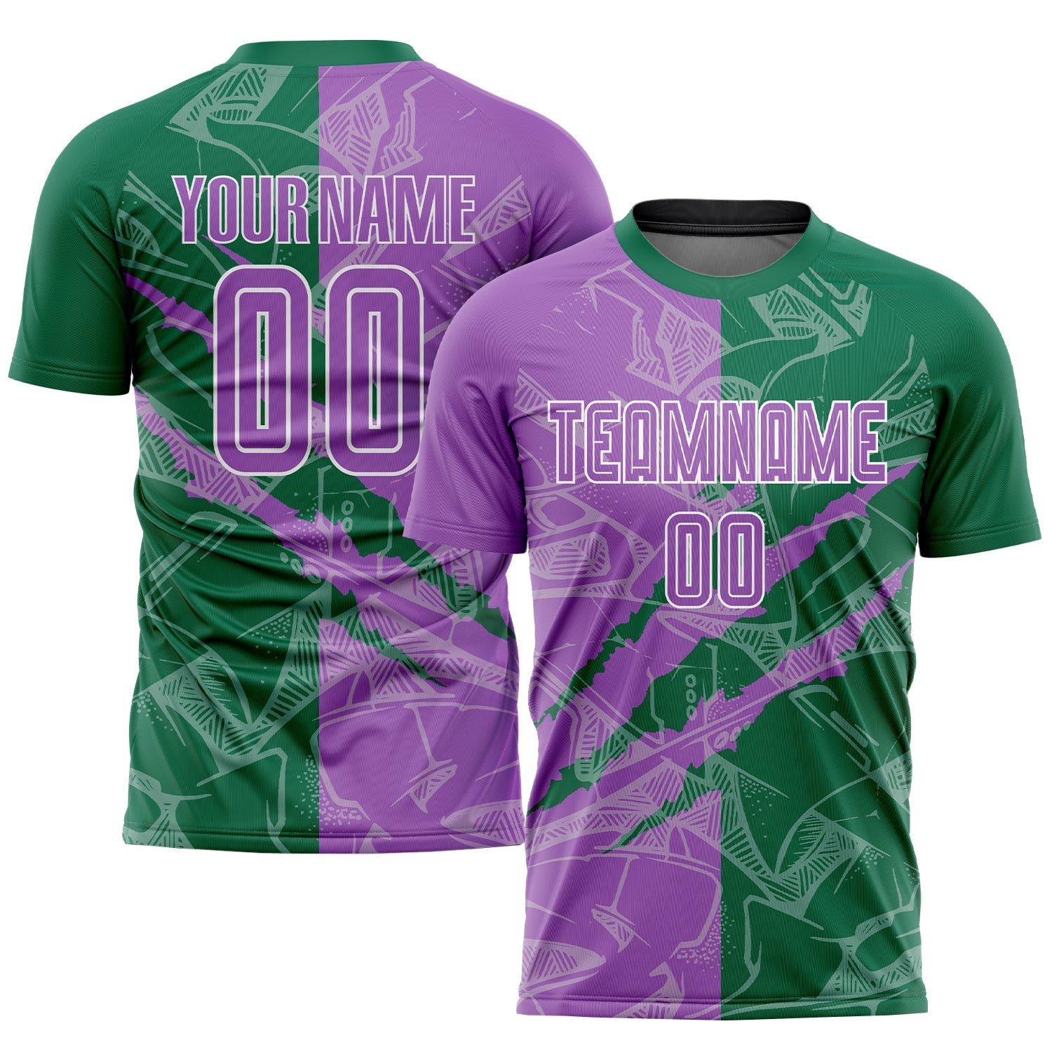 Custom Graffiti Pattern Medium Purple-Kelly Green Scratch Sublimation Soccer Uniform Jersey - Main View