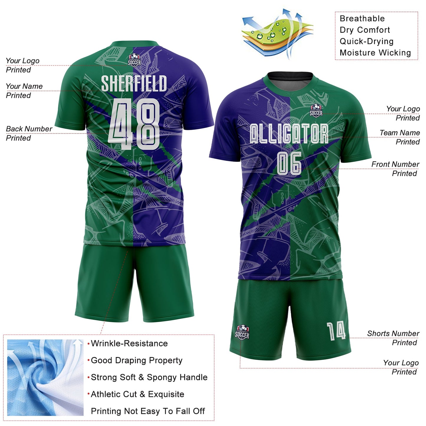 Custom Graffiti Pattern Dark Purple-Kelly Green Scratch Sublimation Soccer Uniform Jersey view 4