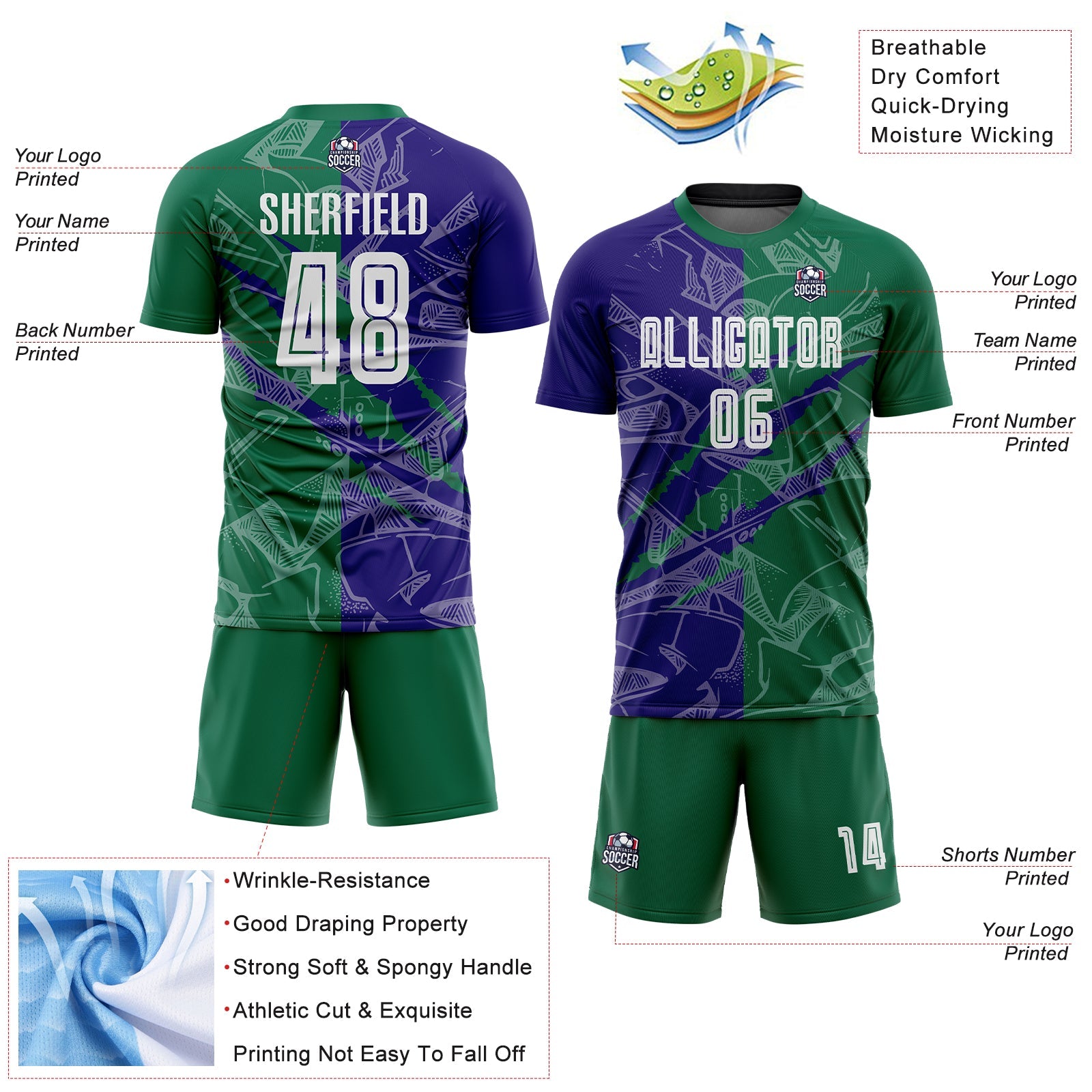Custom Graffiti Pattern Dark Purple-Kelly Green Scratch Sublimation Soccer Uniform Jersey view 4