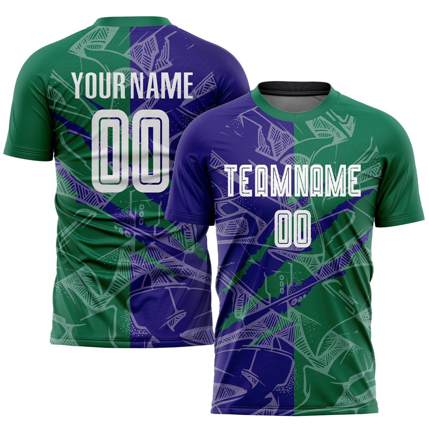 Custom Graffiti Pattern Dark Purple-Kelly Green Scratch Sublimation Soccer Uniform Jersey - Main View