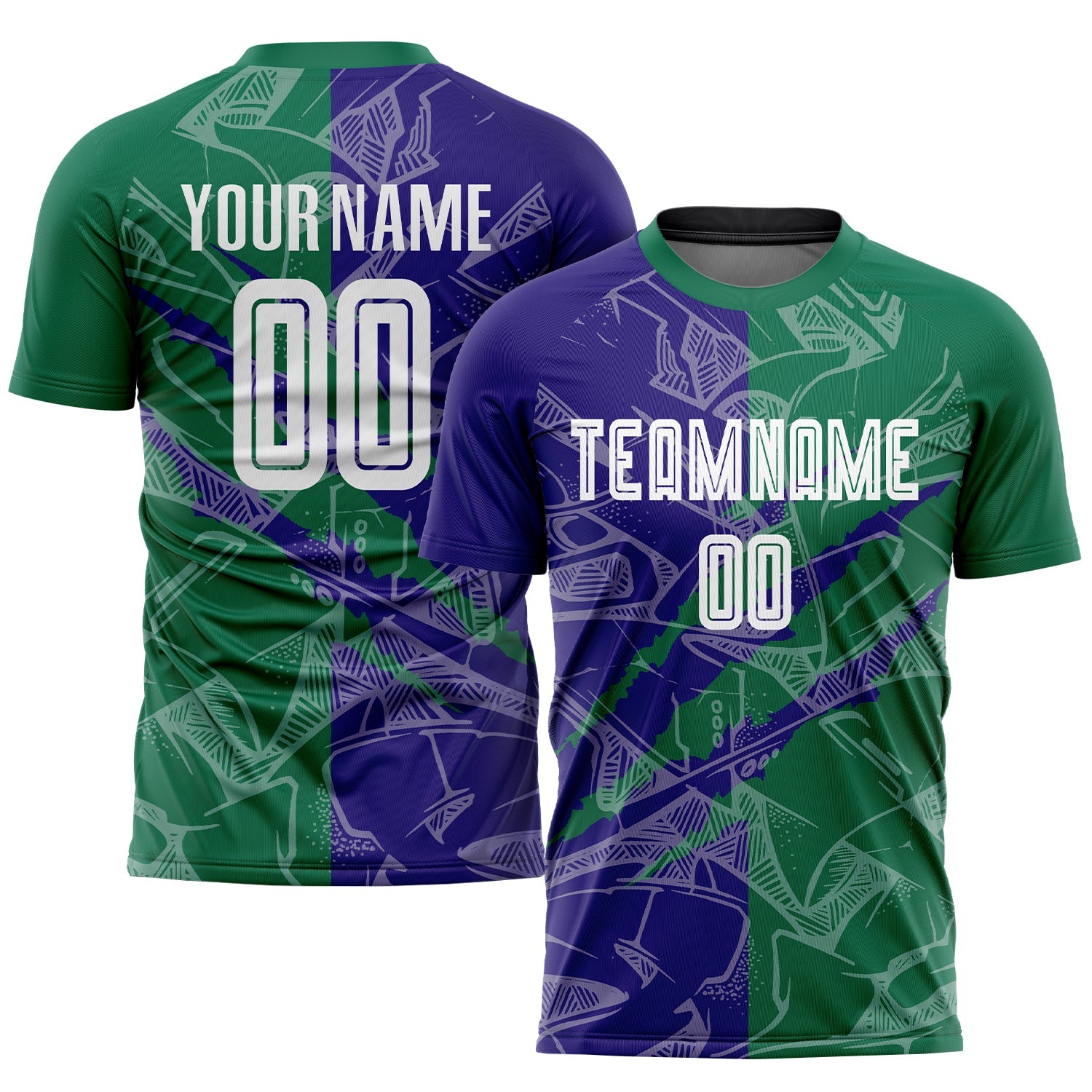 Custom Graffiti Pattern Dark Purple-Kelly Green Scratch Sublimation Soccer Uniform Jersey - Main View