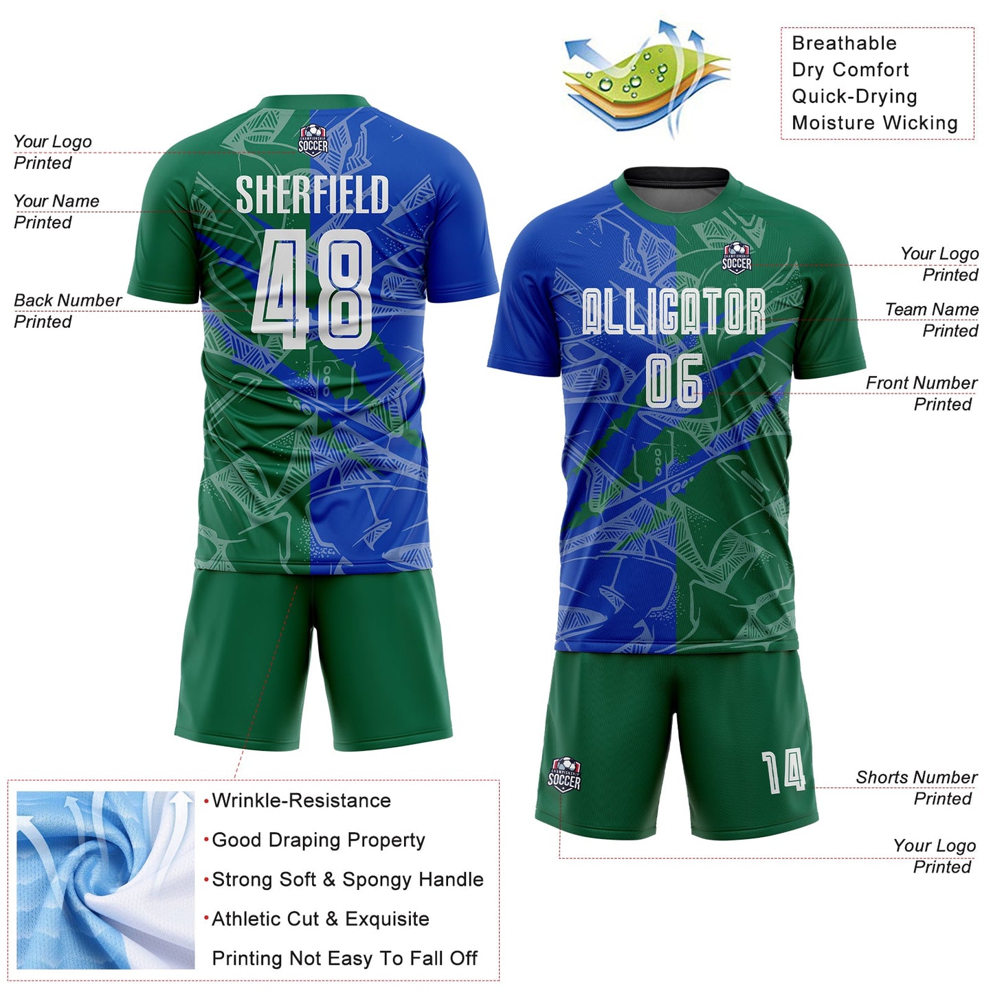 Custom Graffiti Pattern Thunder Blue-Kelly Green Scratch Sublimation Soccer Uniform Jersey view 4