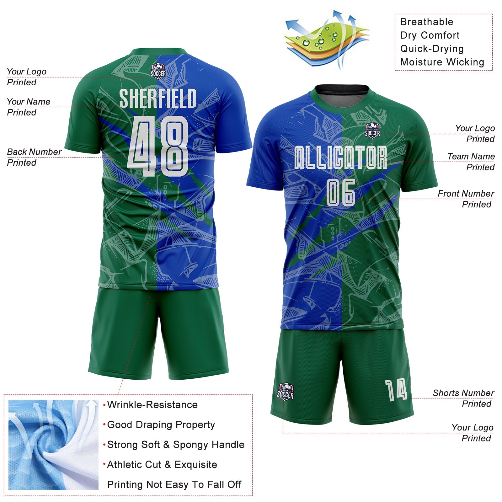 Custom Graffiti Pattern Thunder Blue-Kelly Green Scratch Sublimation Soccer Uniform Jersey view 4