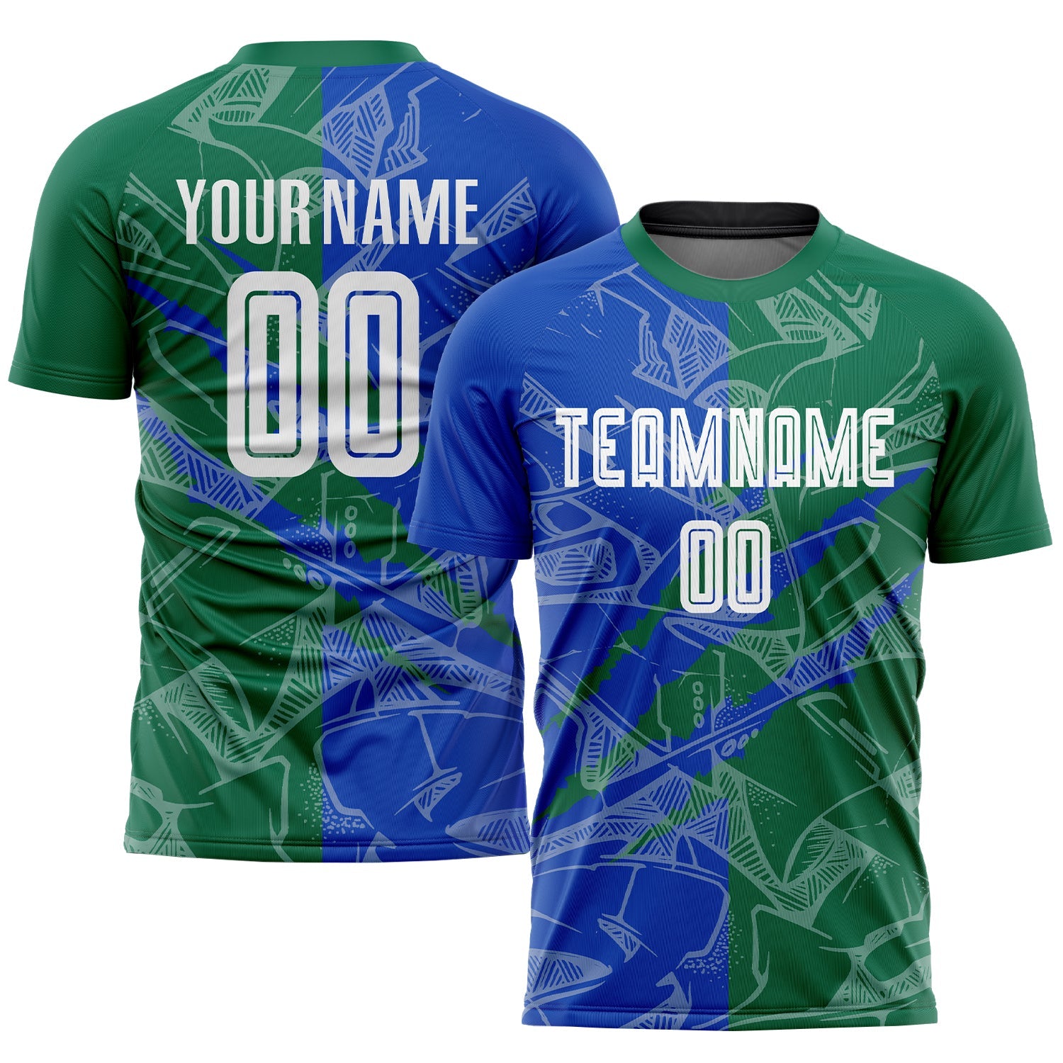Custom Graffiti Pattern Thunder Blue-Kelly Green Scratch Sublimation Soccer Uniform Jersey - Main View