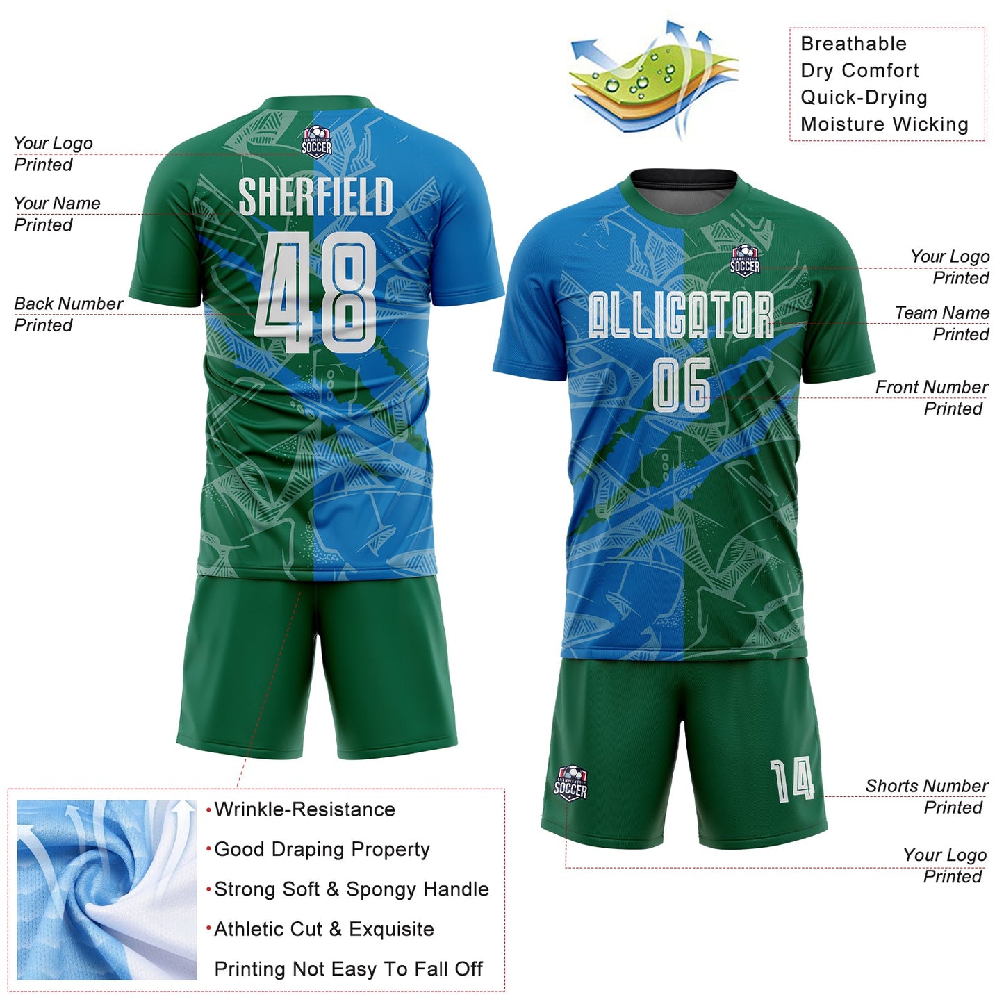 Custom Graffiti Pattern Blue-Kelly Green Scratch Sublimation Soccer Uniform Jersey view 4