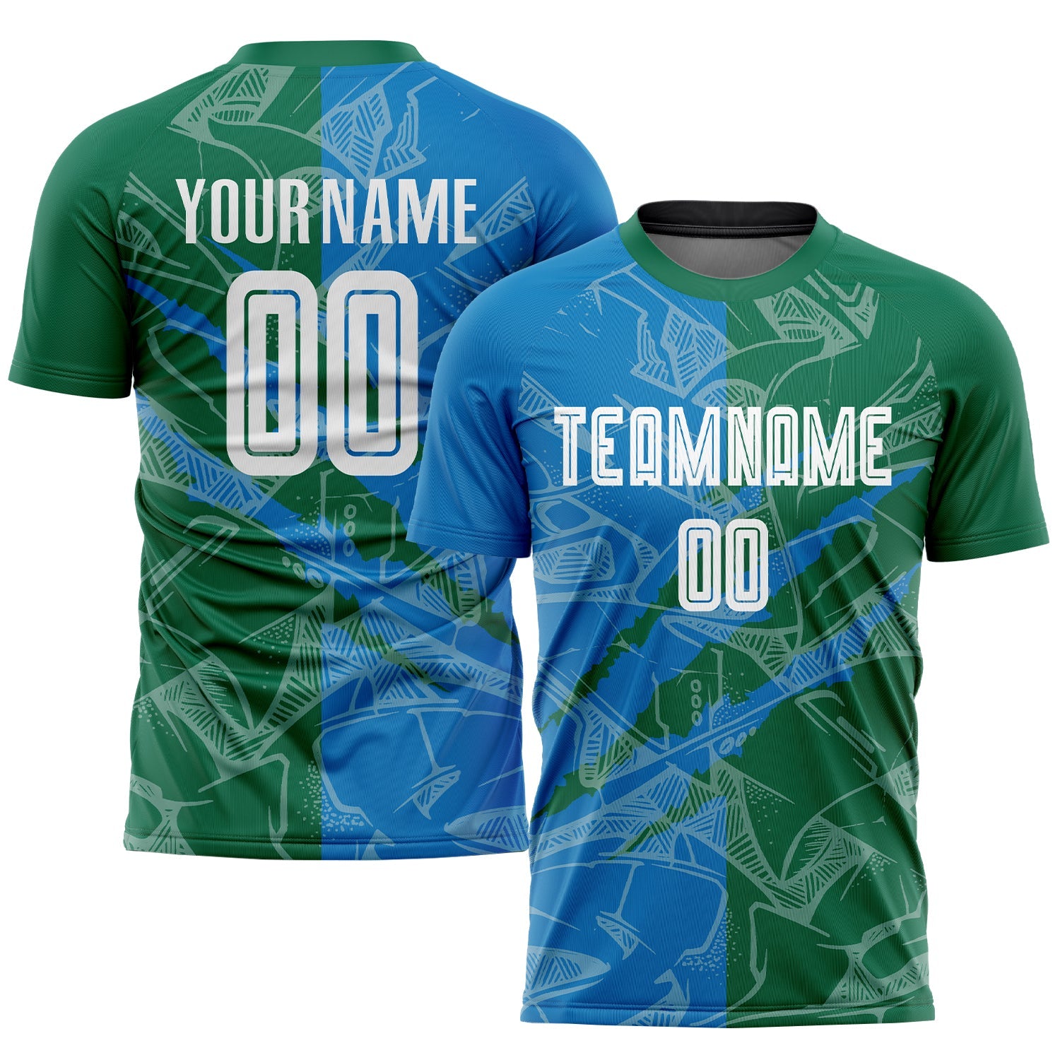 Custom Graffiti Pattern Blue-Kelly Green Scratch Sublimation Soccer Uniform Jersey - Main View
