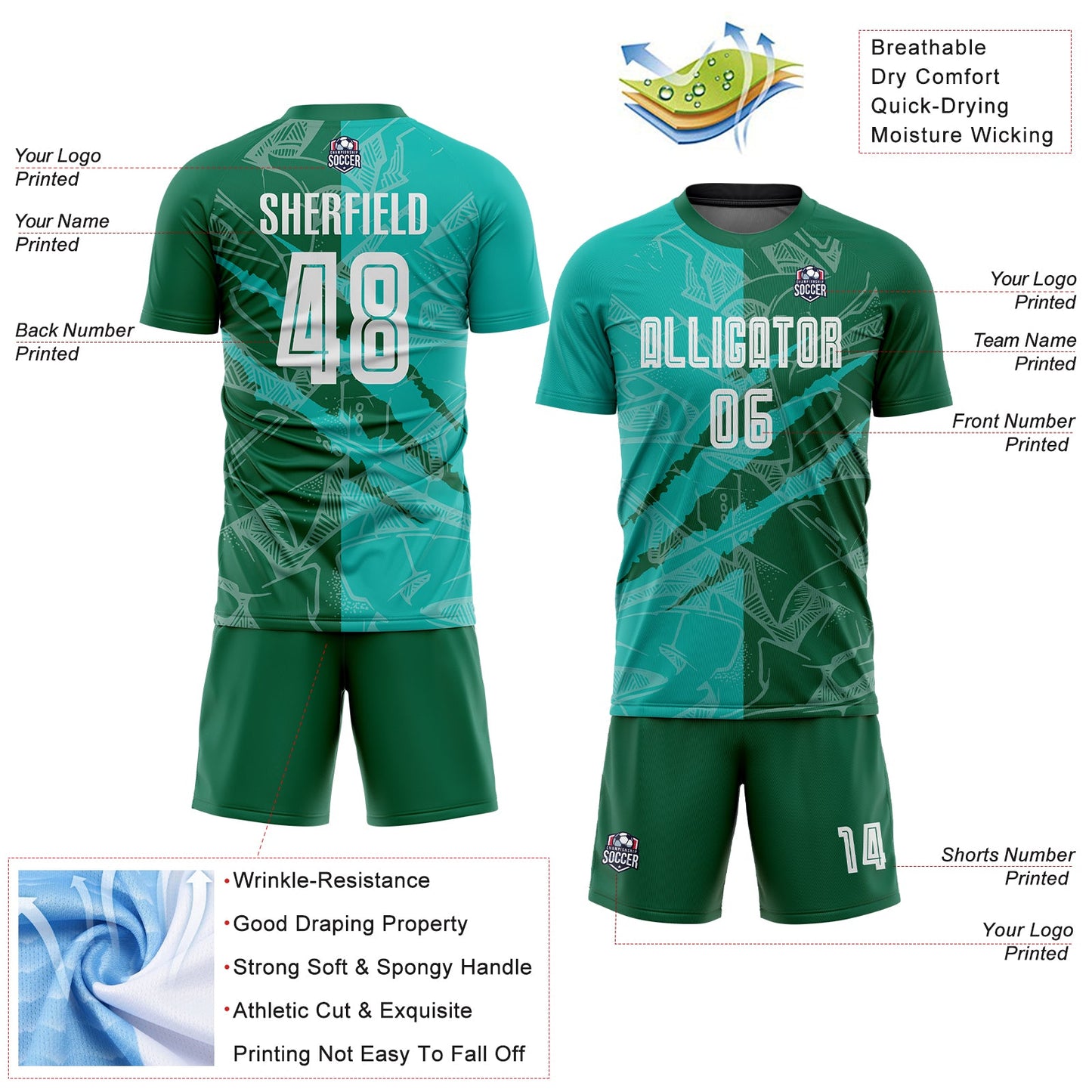 Custom Graffiti Pattern Aqua-Kelly Green Scratch Sublimation Soccer Uniform Jersey view 4
