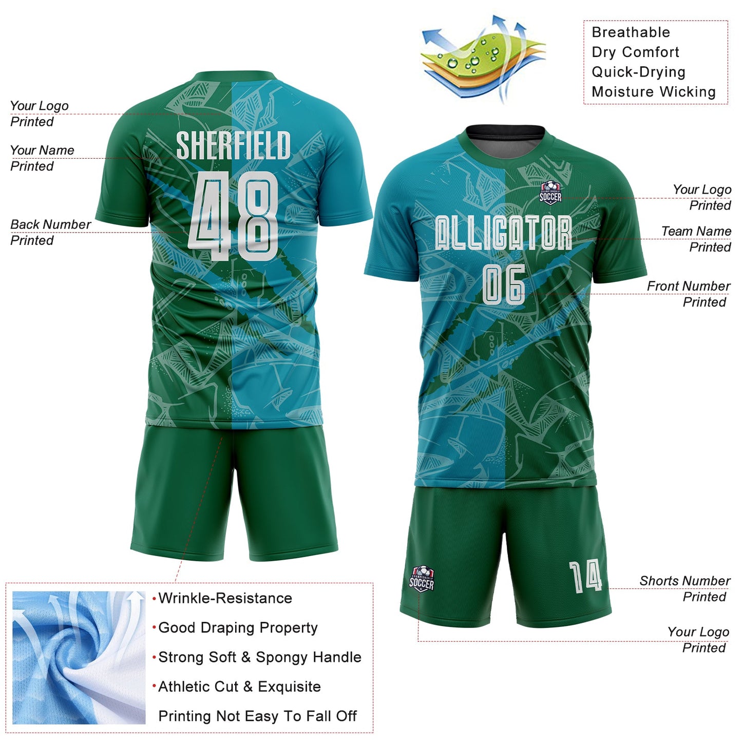Custom Graffiti Pattern Teal-Kelly Green Scratch Sublimation Soccer Uniform Jersey view 4