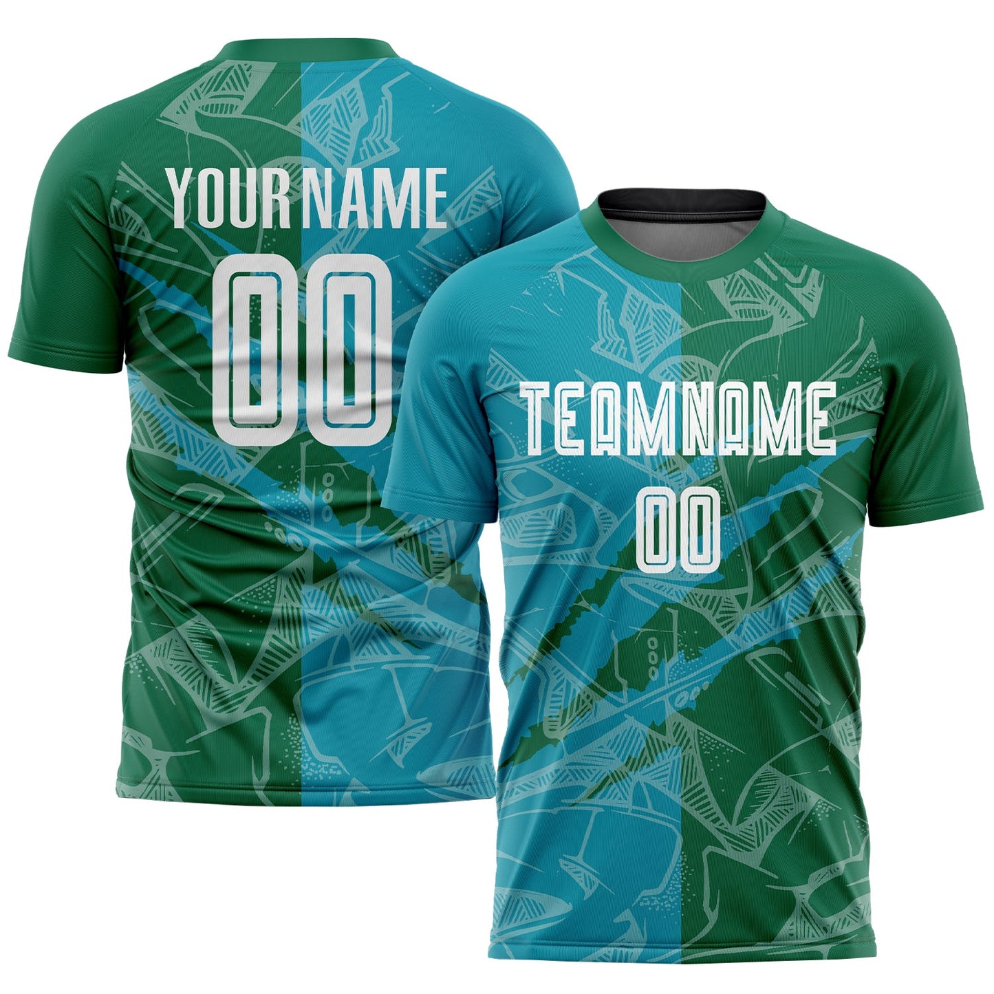 Custom Graffiti Pattern Teal-Kelly Green Scratch Sublimation Soccer Uniform Jersey - Main View