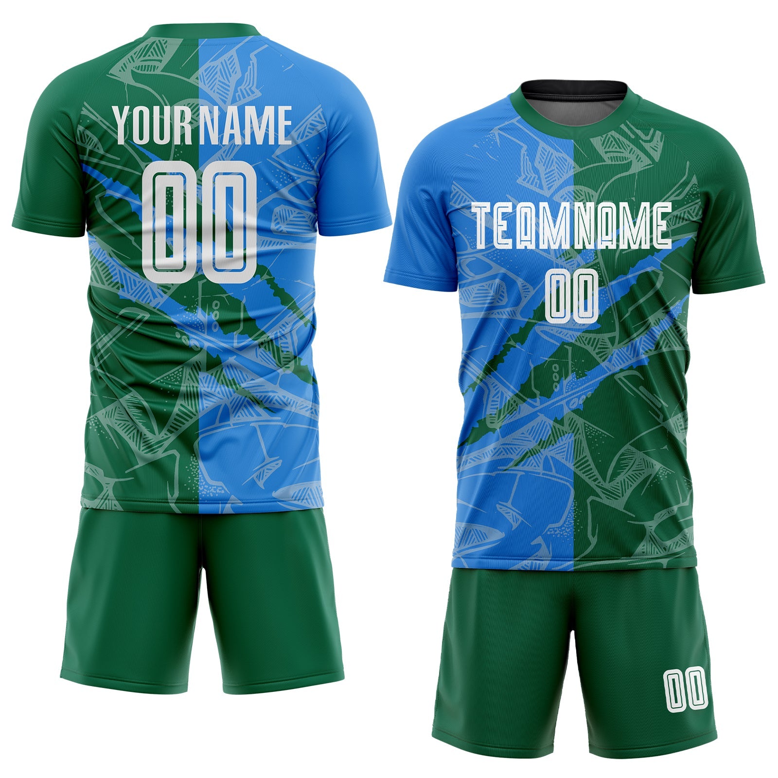 Custom Graffiti Pattern Powder Blue-Kelly Green Scratch Sublimation Soccer Uniform Jersey view 2