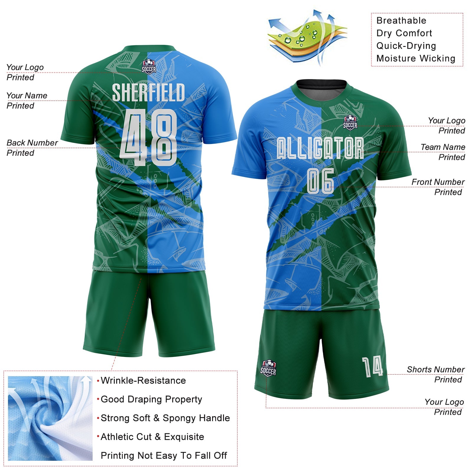 Custom Graffiti Pattern Powder Blue-Kelly Green Scratch Sublimation Soccer Uniform Jersey view 4