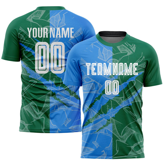 Custom Graffiti Pattern Powder Blue-Kelly Green Scratch Sublimation Soccer Uniform Jersey - Main View