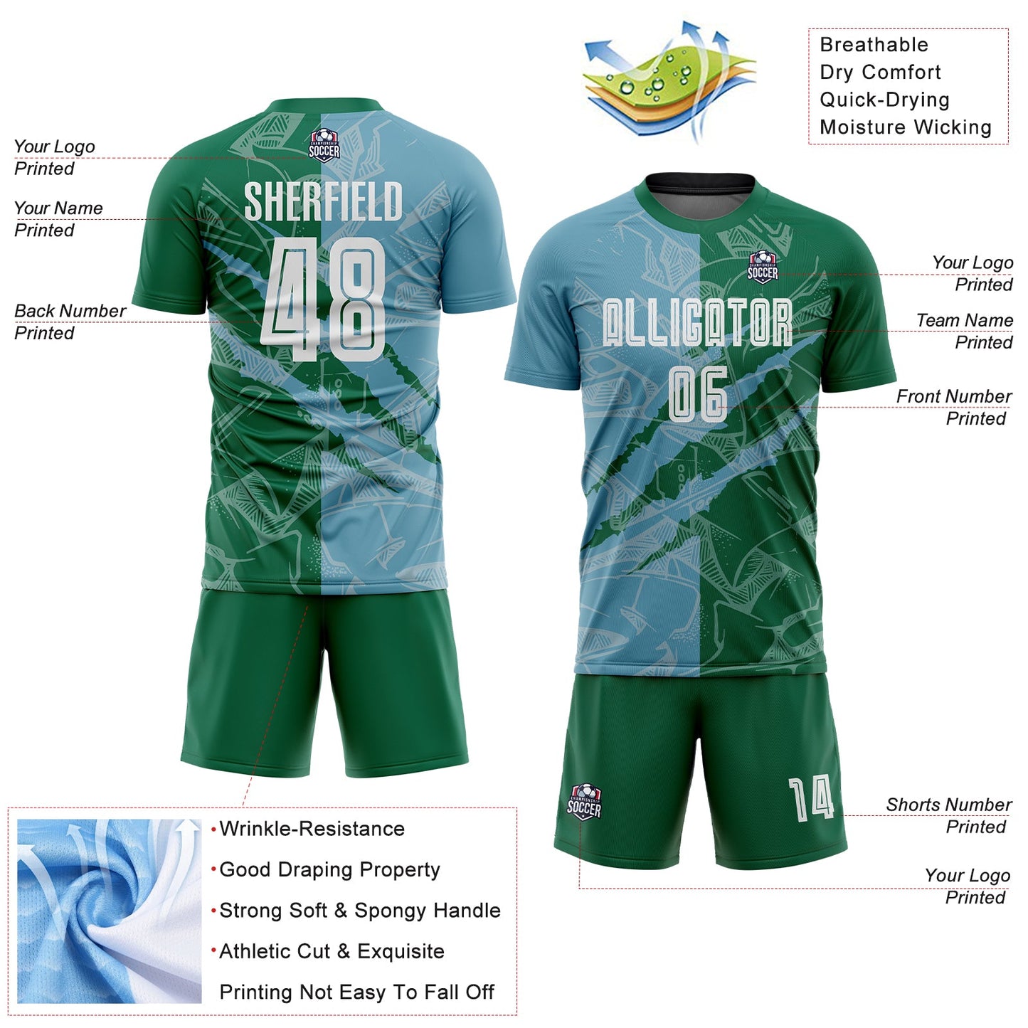 Custom Graffiti Pattern Shadow Blue-Kelly Green Scratch Sublimation Soccer Uniform Jersey view 4
