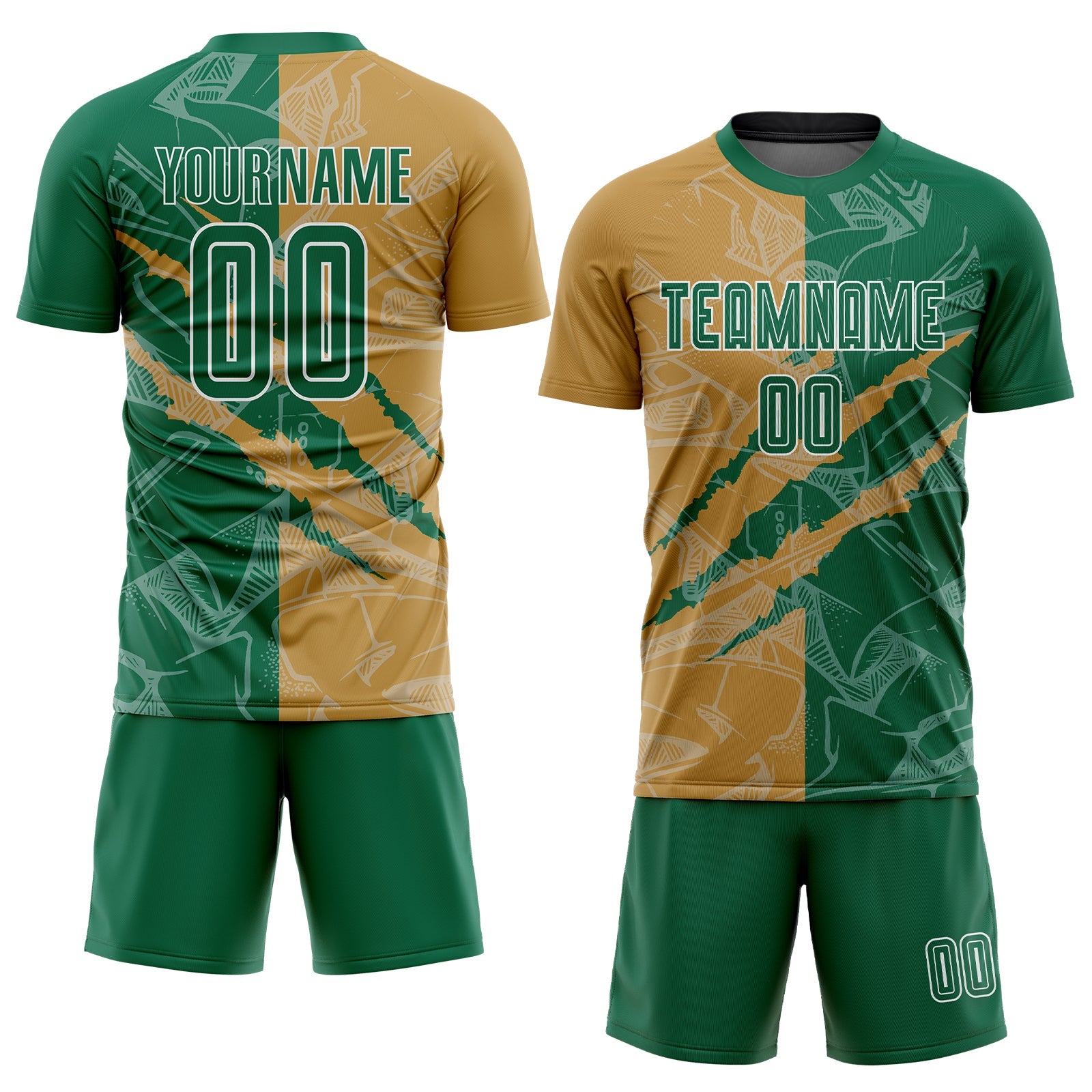 Custom Graffiti Pattern Kelly Green-Old Gold Scratch Sublimation Soccer Uniform Jersey view 2
