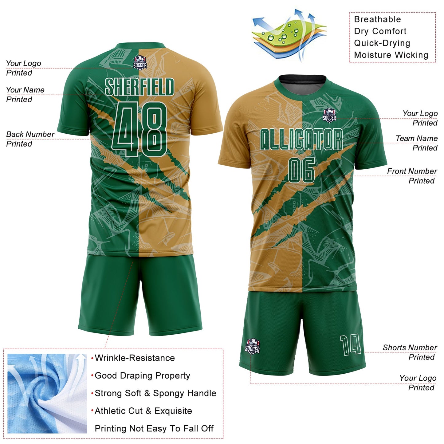 Custom Graffiti Pattern Kelly Green-Old Gold Scratch Sublimation Soccer Uniform Jersey view 4