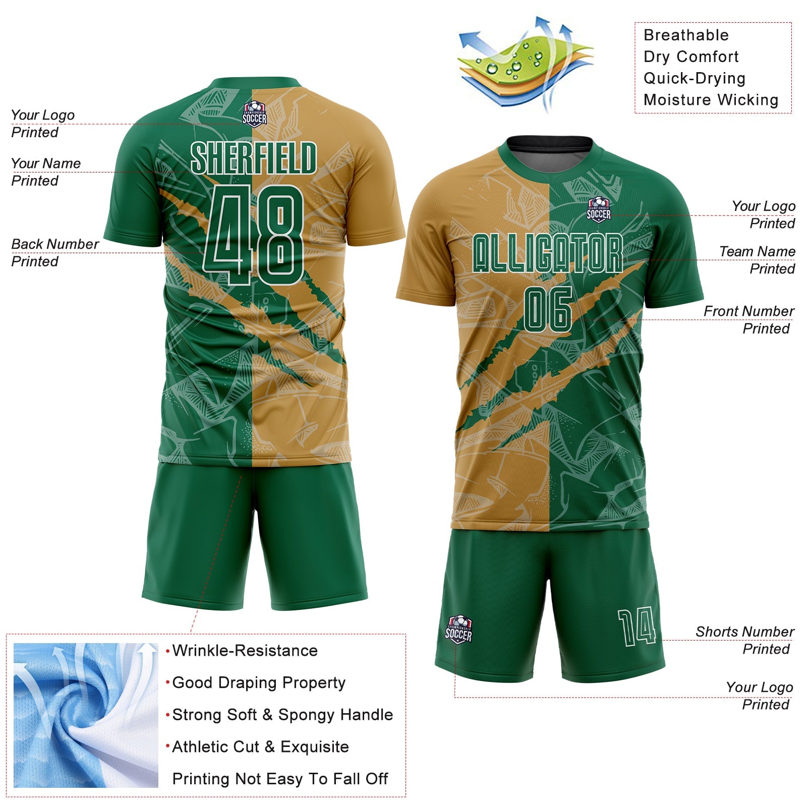 Custom Graffiti Pattern Kelly Green-Old Gold Scratch Sublimation Soccer Uniform Jersey view 4