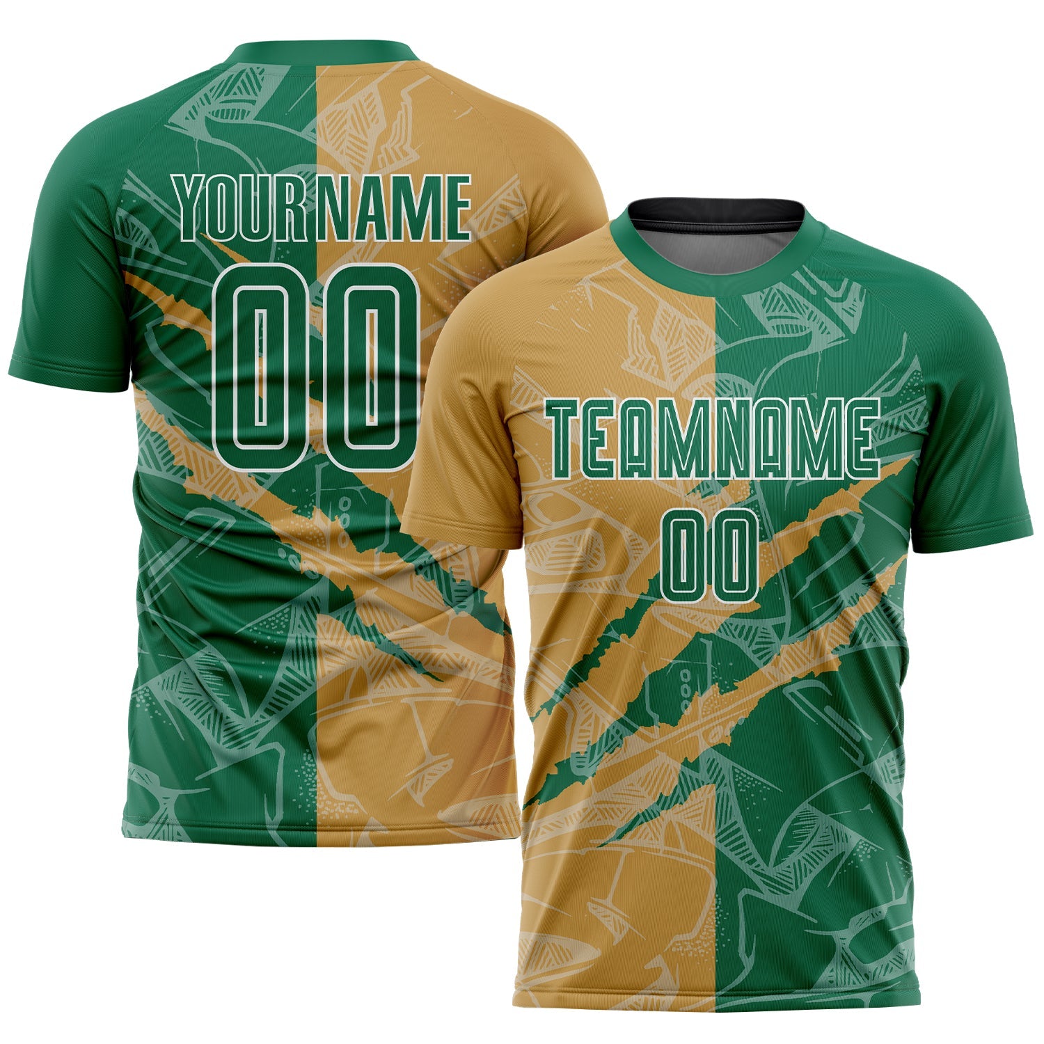Custom Graffiti Pattern Kelly Green-Old Gold Scratch Sublimation Soccer Uniform Jersey - Main View