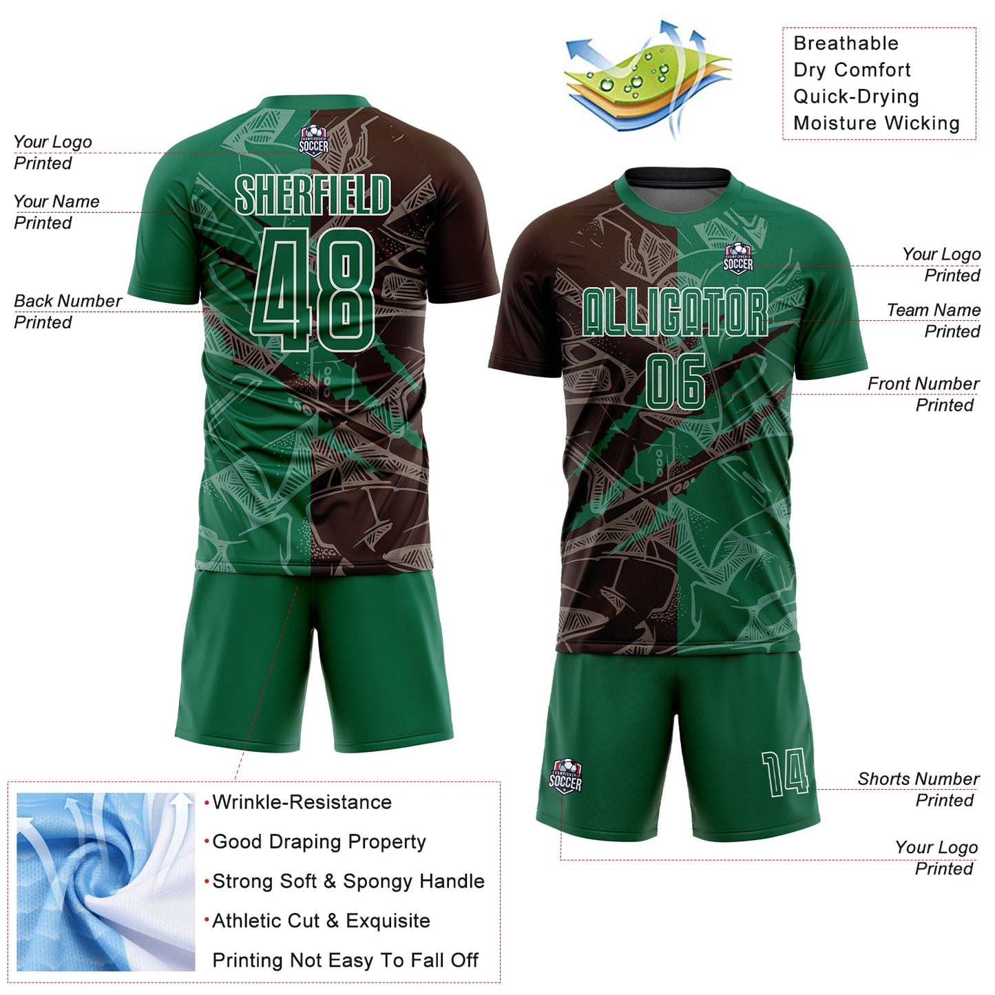 Custom Graffiti Pattern Kelly Green-Brown Scratch Sublimation Soccer Uniform Jersey view 4