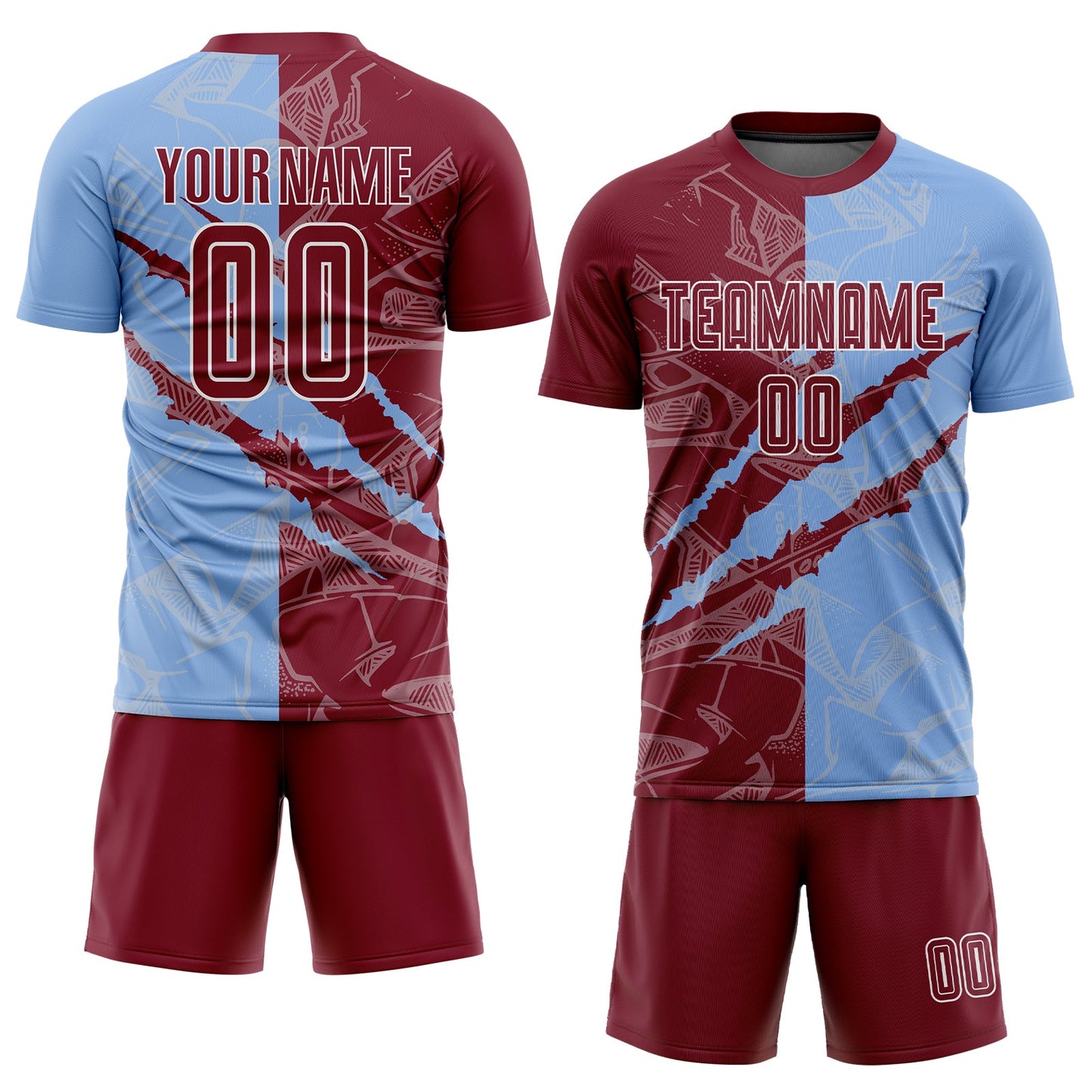 Custom Graffiti Pattern Crimson-Light Blue Scratch Sublimation Soccer Uniform Jersey view 2