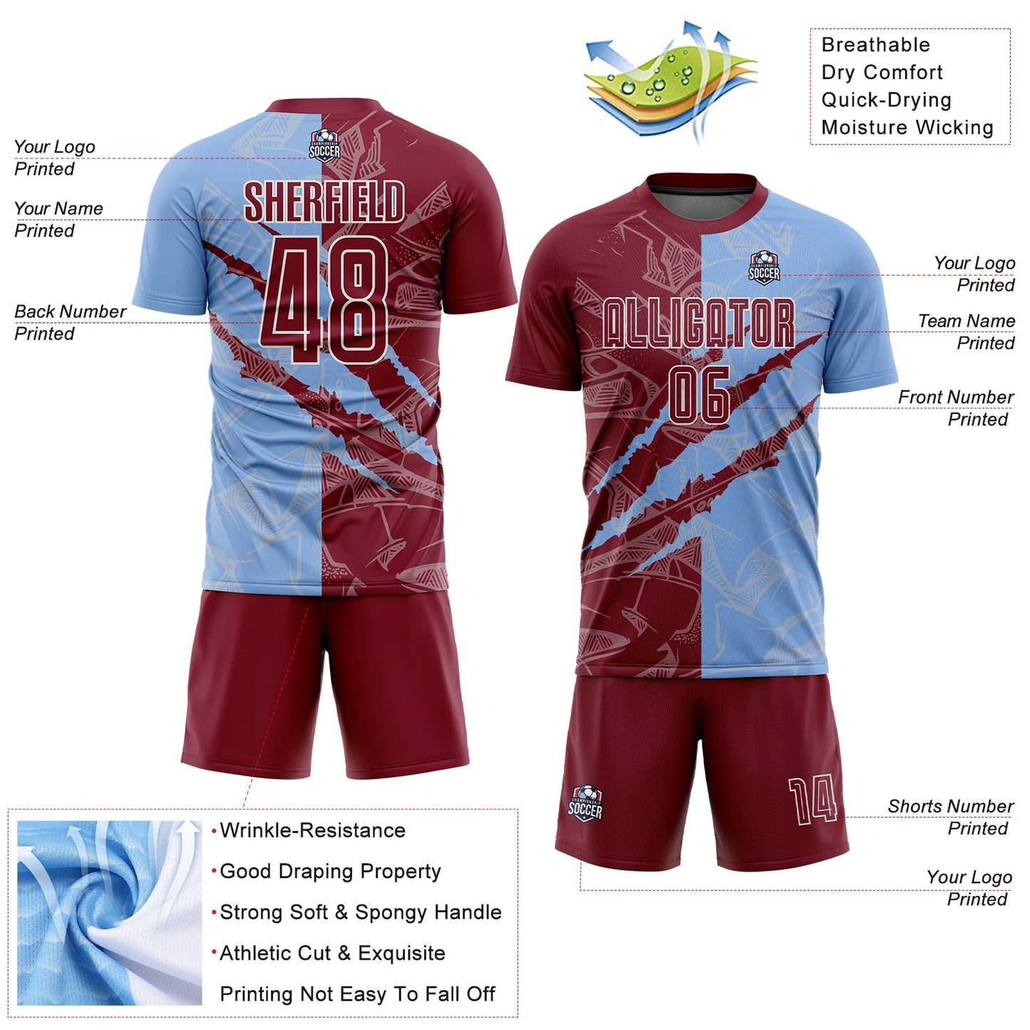 Custom Graffiti Pattern Crimson-Light Blue Scratch Sublimation Soccer Uniform Jersey view 4
