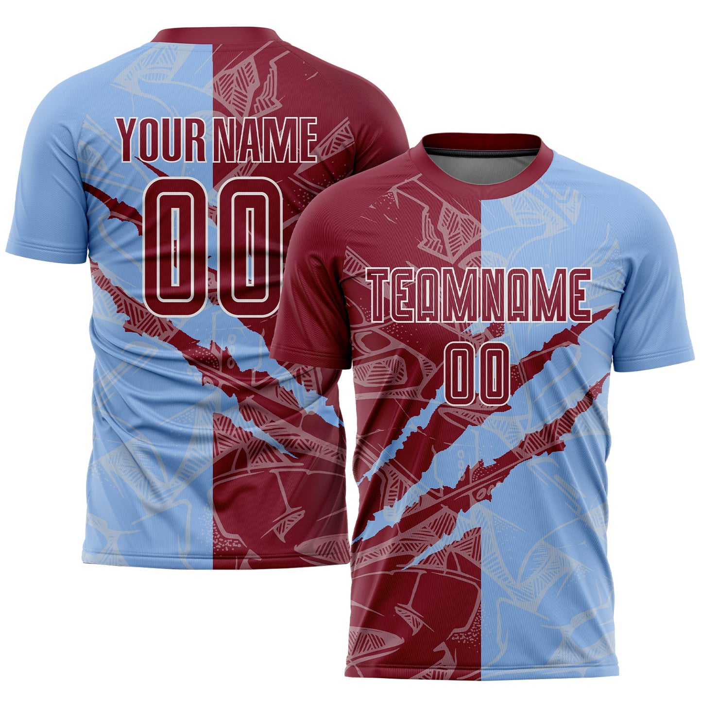 Custom Graffiti Pattern Crimson-Light Blue Scratch Sublimation Soccer Uniform Jersey - Main View