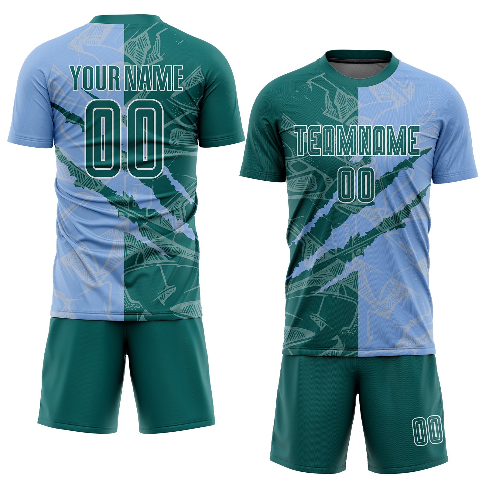 Custom Graffiti Pattern Teal-Light Blue Scratch Sublimation Soccer Uniform Jersey view 2