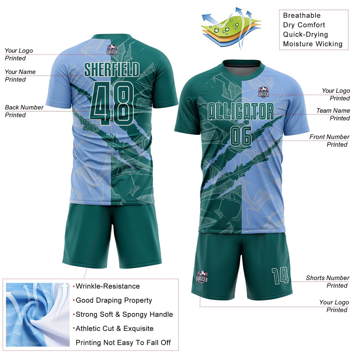 Custom Graffiti Pattern Teal-Light Blue Scratch Sublimation Soccer Uniform Jersey view 4