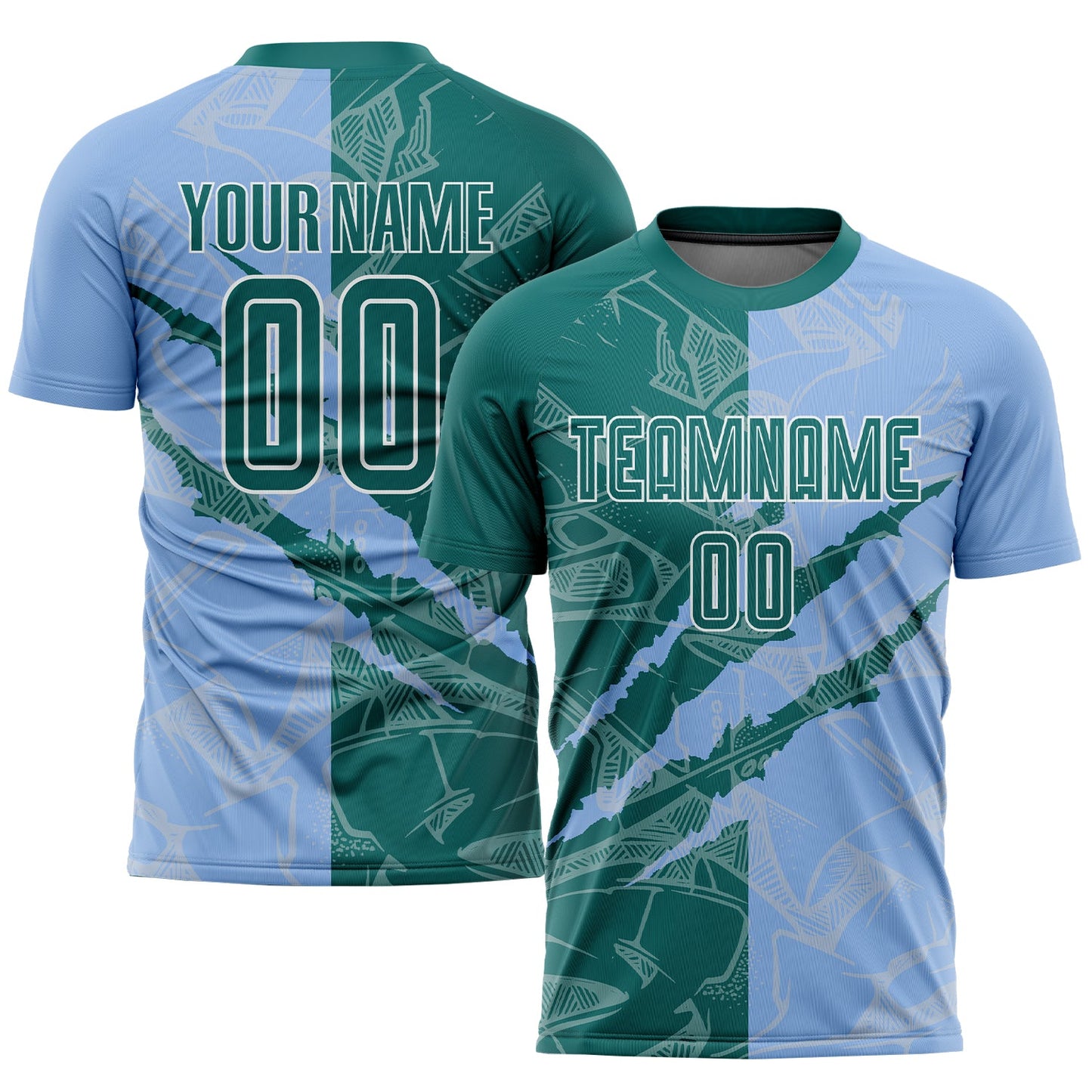 Custom Graffiti Pattern Teal-Light Blue Scratch Sublimation Soccer Uniform Jersey - Main View