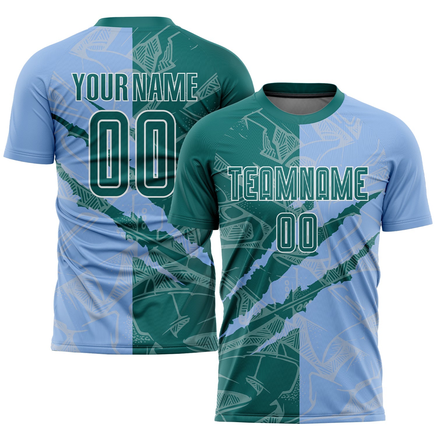 Custom Graffiti Pattern Teal-Light Blue Scratch Sublimation Soccer Uniform Jersey - Main View