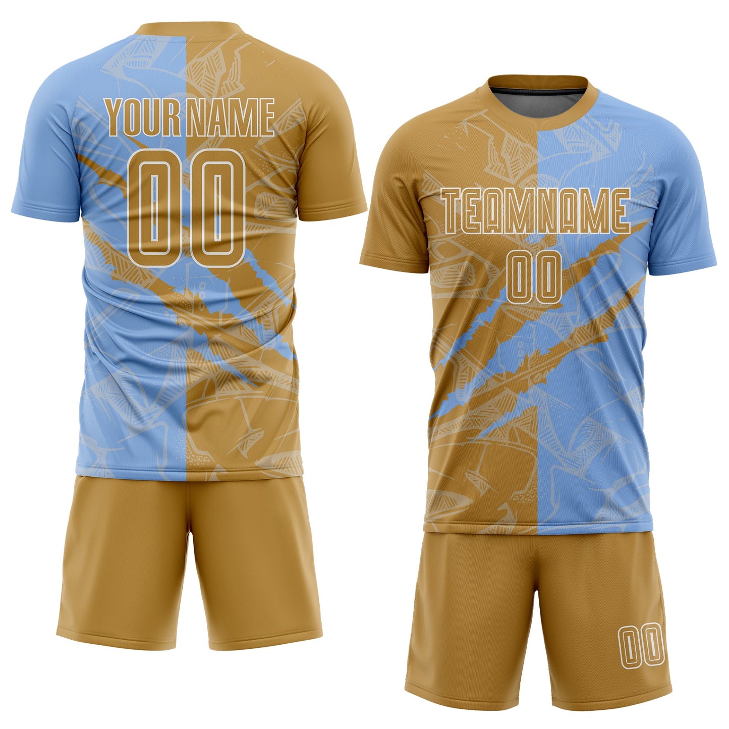 Custom Graffiti Pattern Old Gold-Light Blue Scratch Sublimation Soccer Uniform Jersey view 2