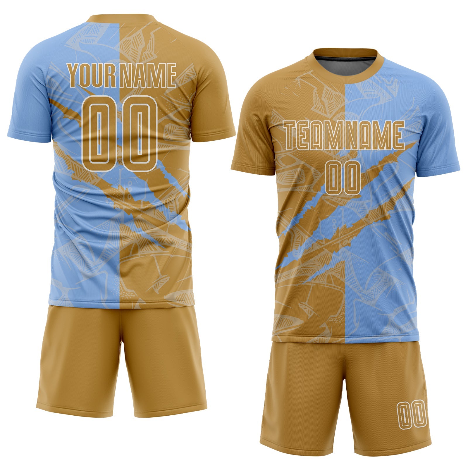 Custom Graffiti Pattern Old Gold-Light Blue Scratch Sublimation Soccer Uniform Jersey view 2