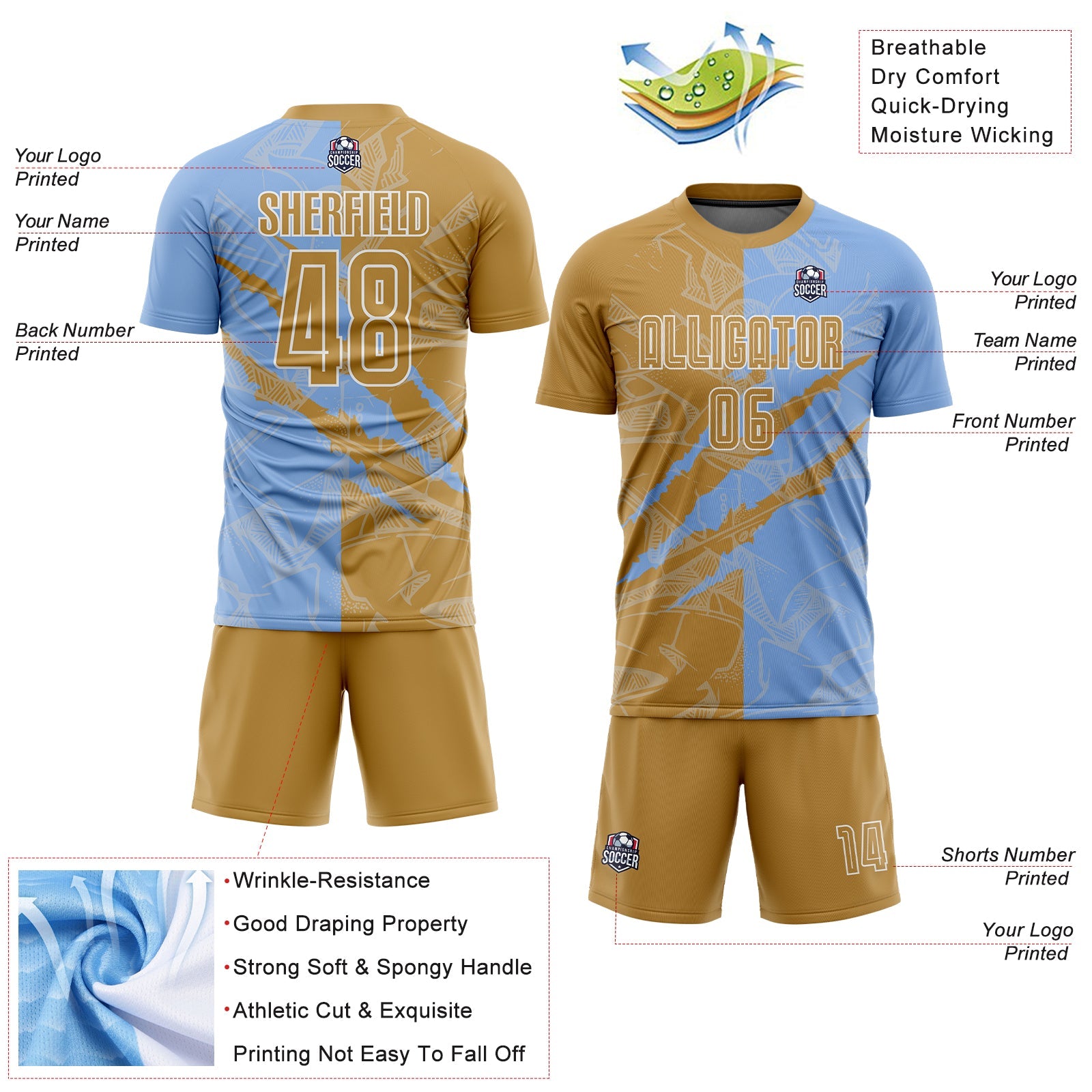 Custom Graffiti Pattern Old Gold-Light Blue Scratch Sublimation Soccer Uniform Jersey view 4