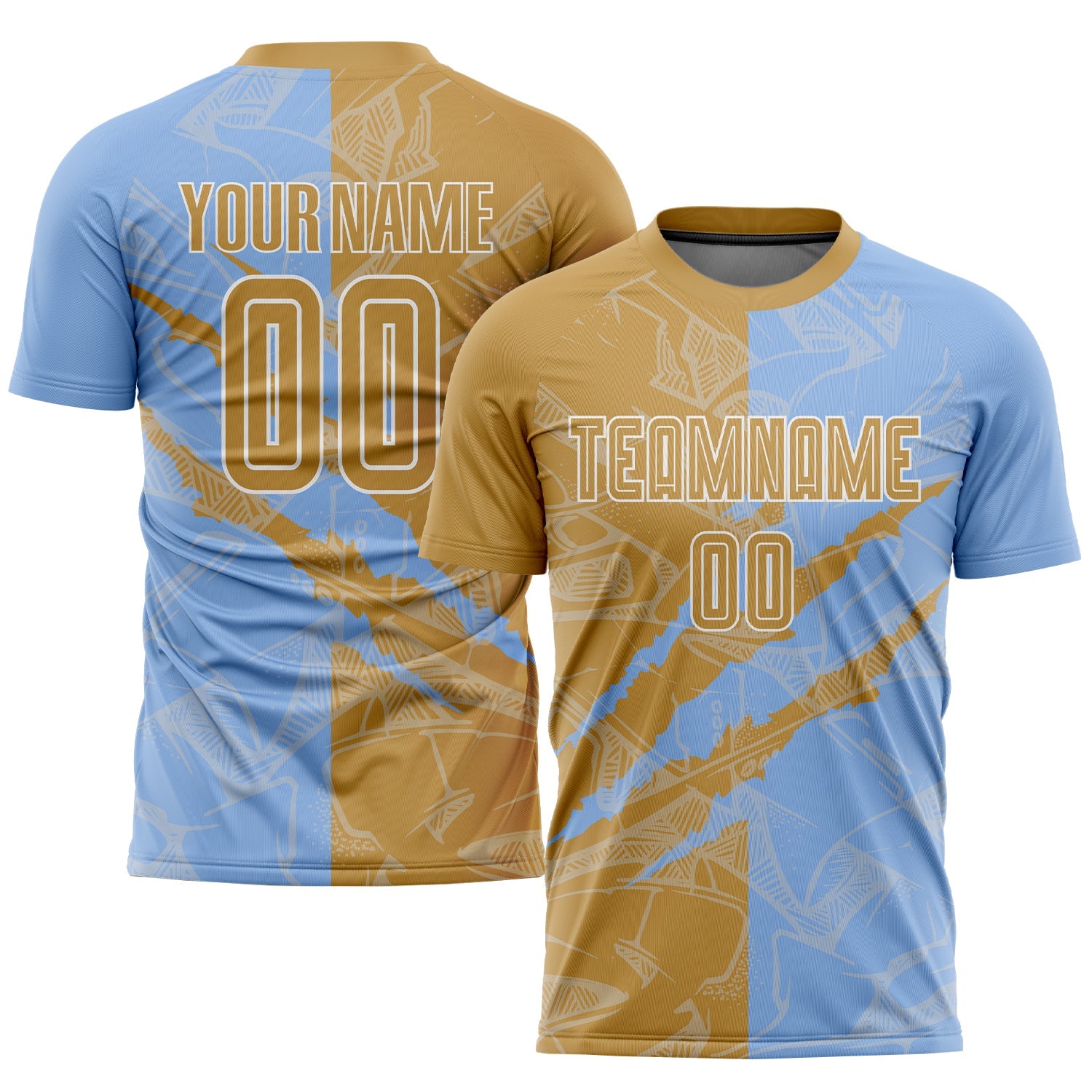 Custom Graffiti Pattern Old Gold-Light Blue Scratch Sublimation Soccer Uniform Jersey - Main View