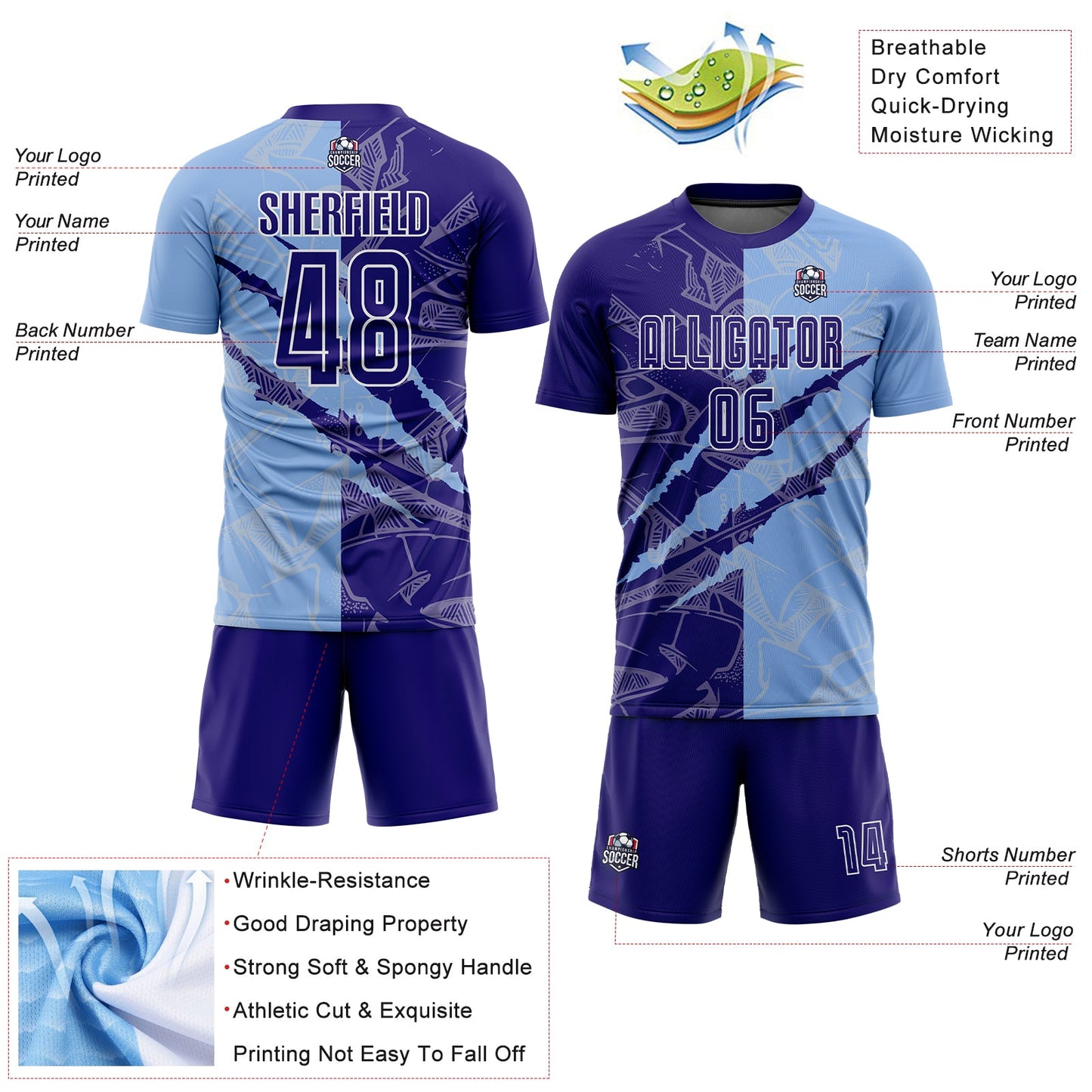 Custom Graffiti Pattern Dark Purple-Light Blue Scratch Sublimation Soccer Uniform Jersey view 4
